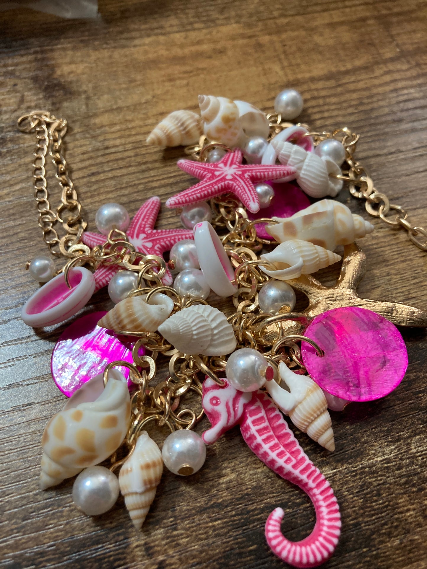 Chunky nautical summer necklace bright pink plastic charms