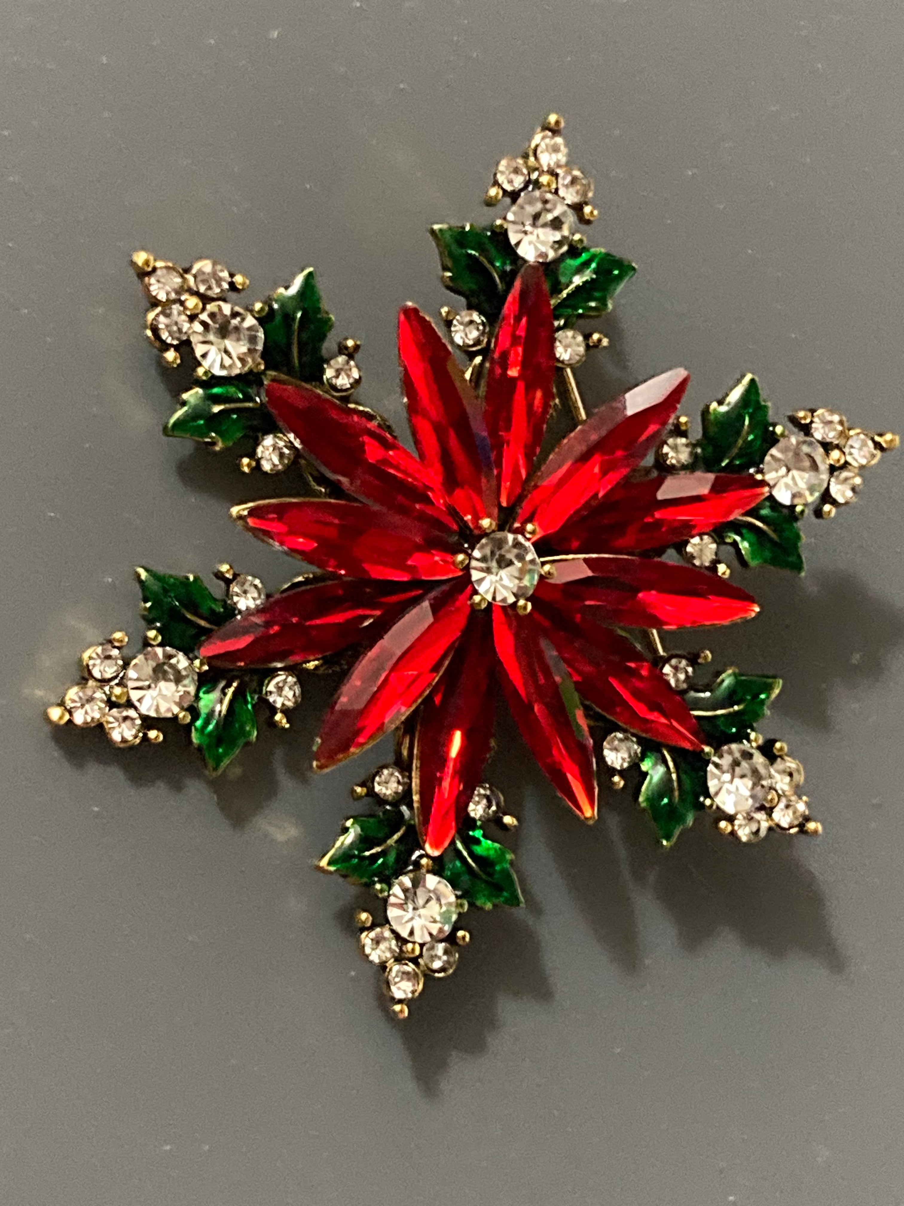 Diamanté Christmas poinsettia brooch