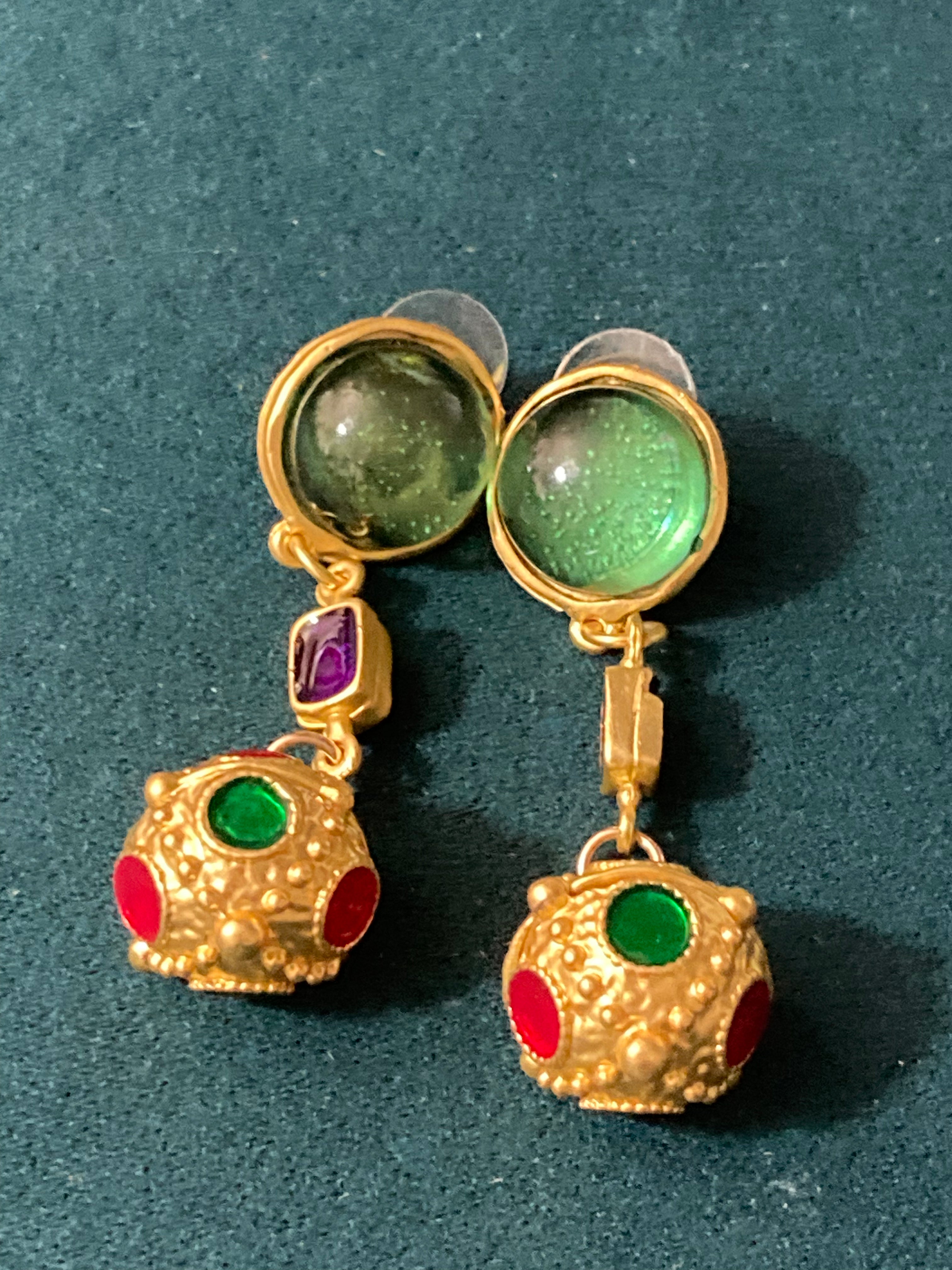 Gold orbs earrings gripoix style emerald ruby drops