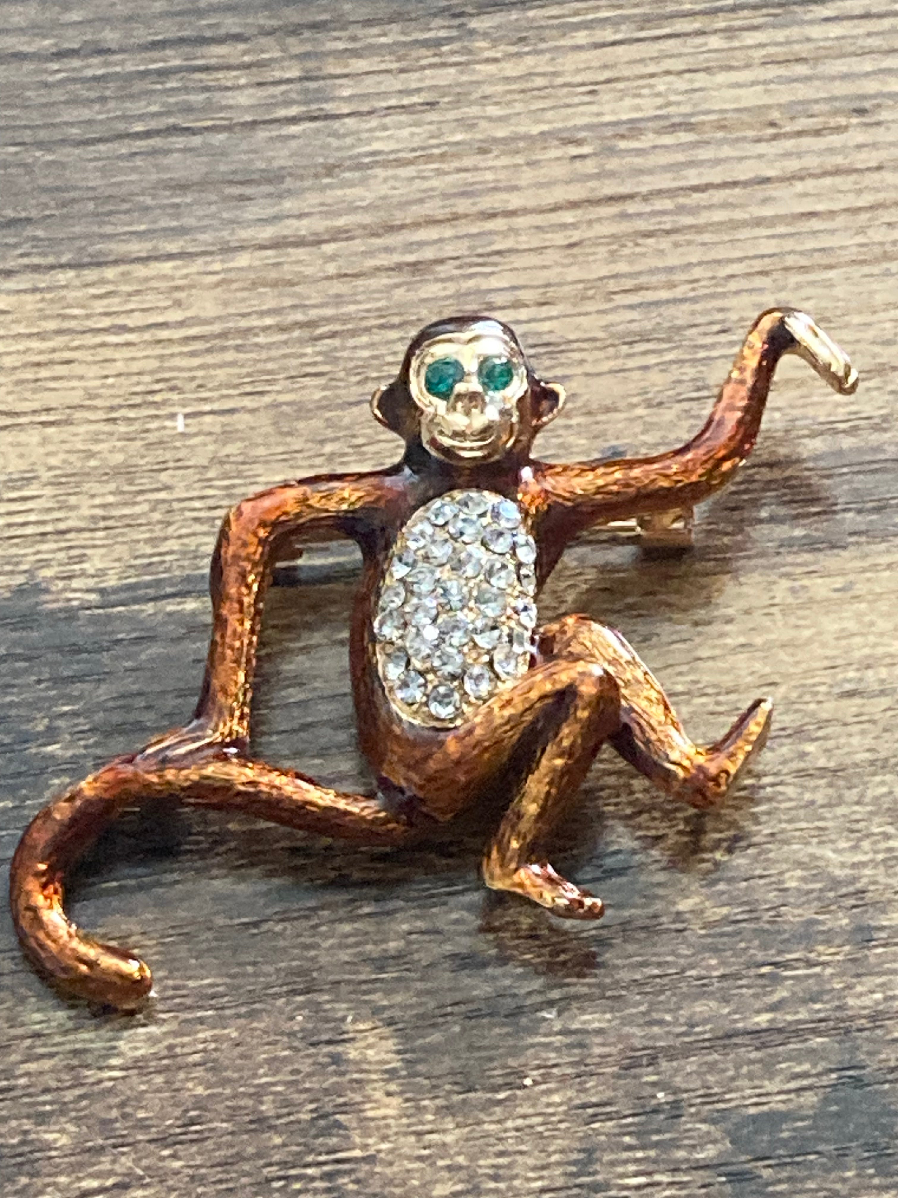 Brown enamel diamanté monkey brooch