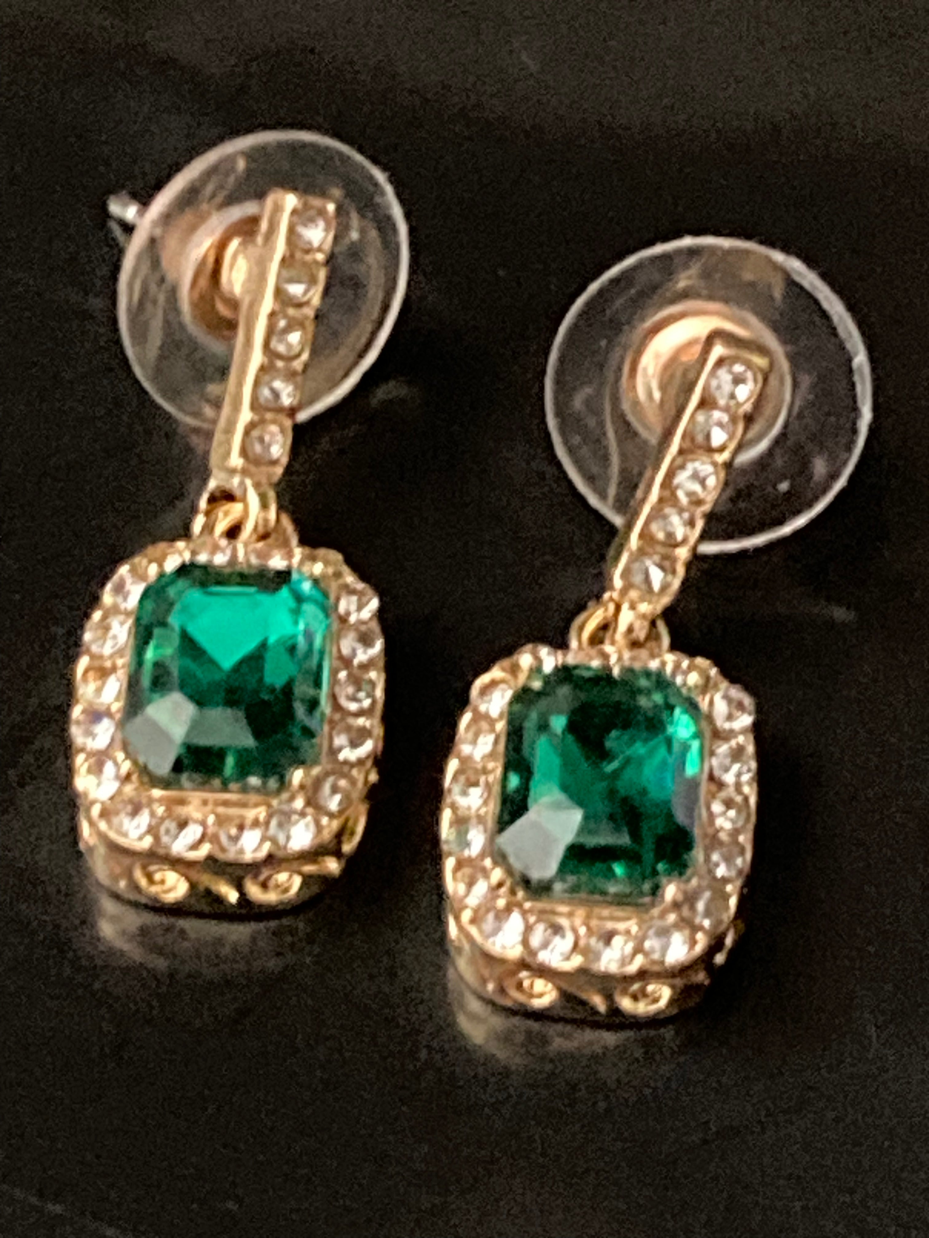 Emerald & clear diamanté antique style drop earrings