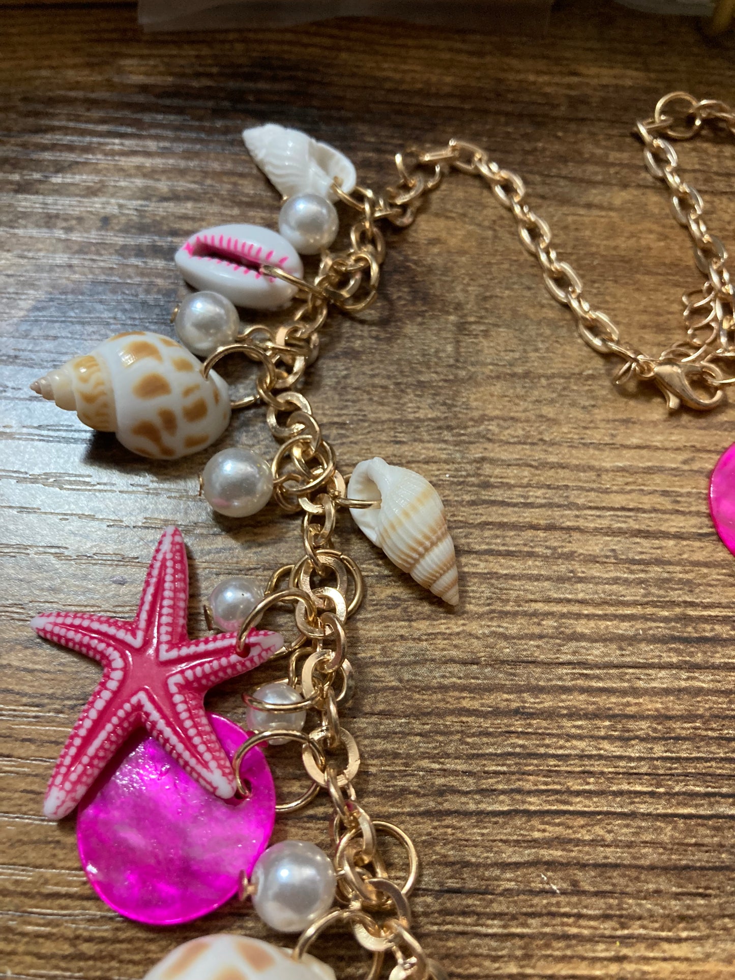 Chunky nautical summer necklace bright pink plastic charms