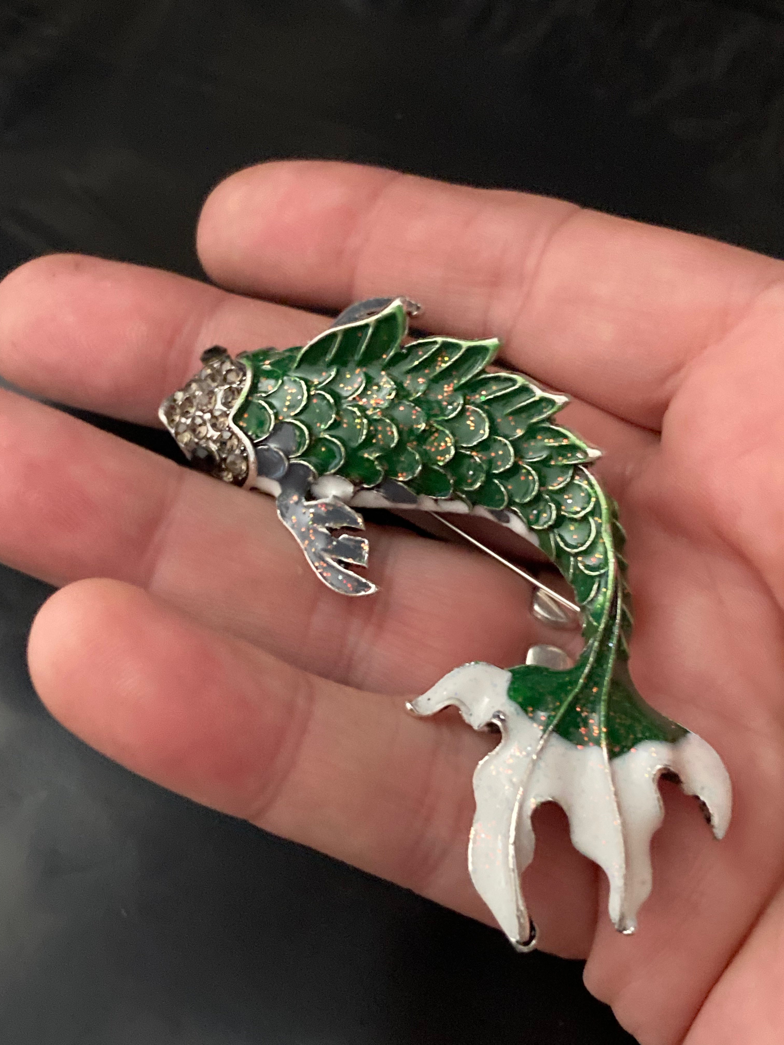 Large White and green enamel diamanté fish brooch