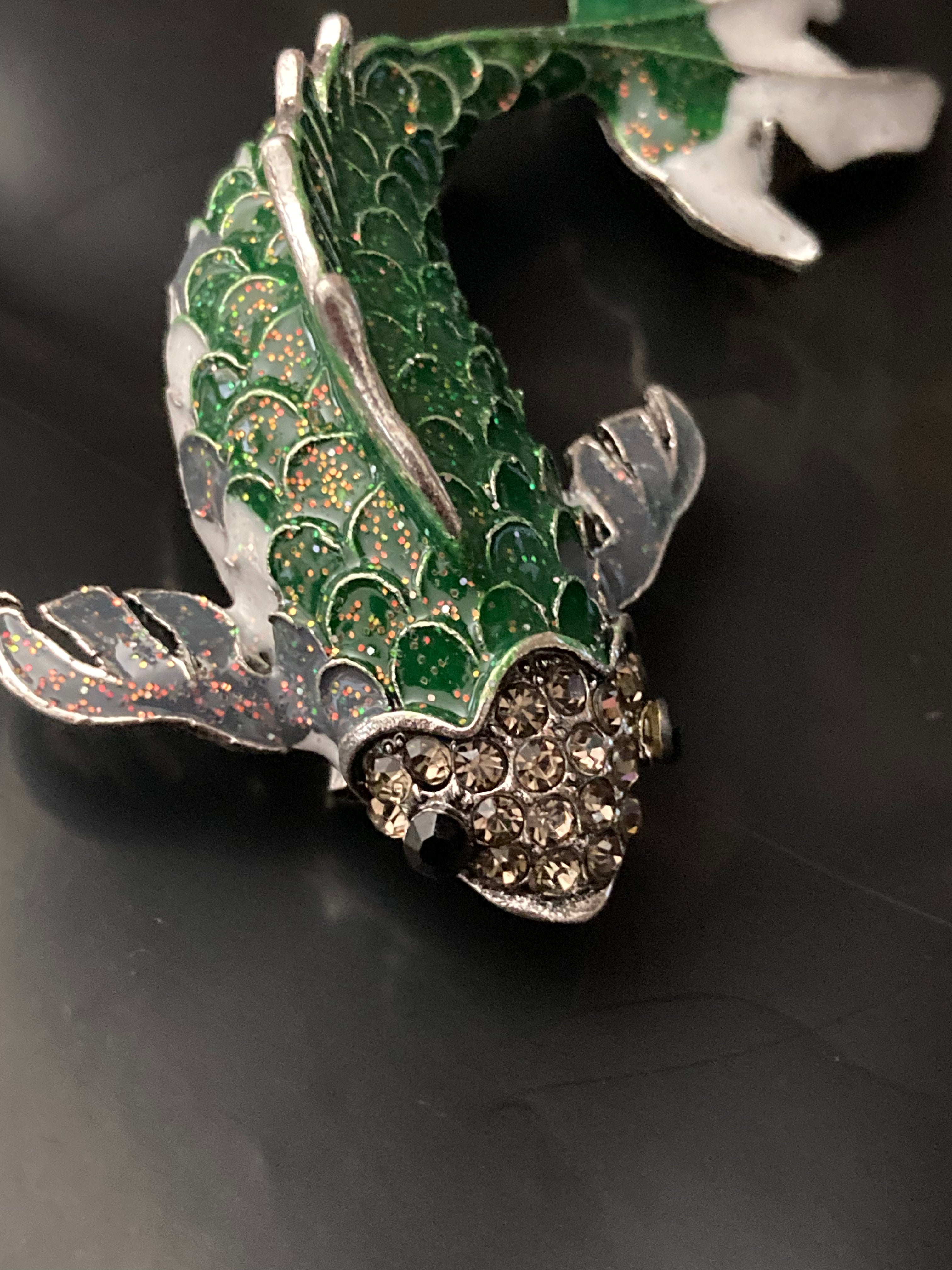 Large White and green enamel diamanté fish brooch