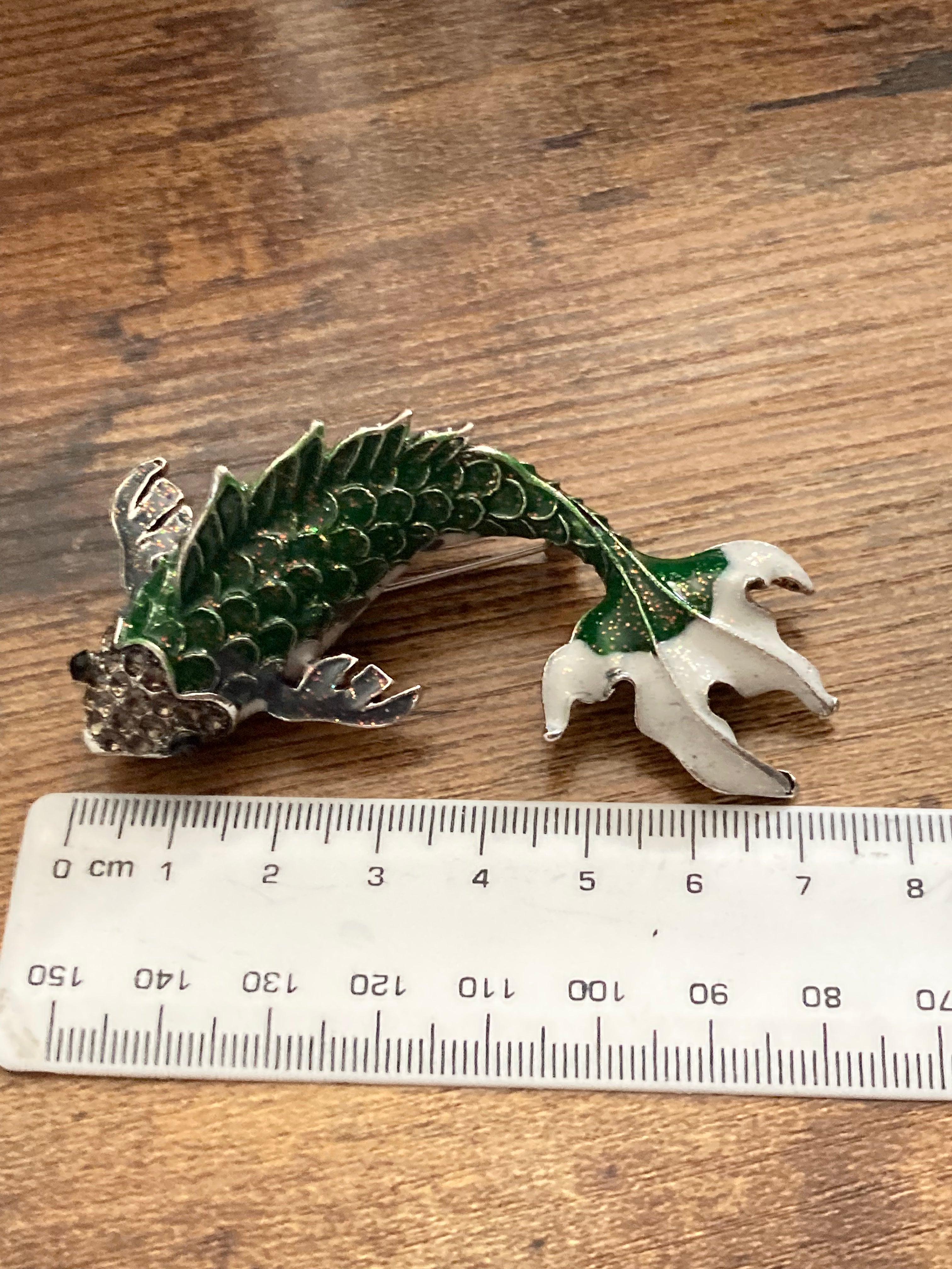 Large White and green enamel diamanté fish brooch