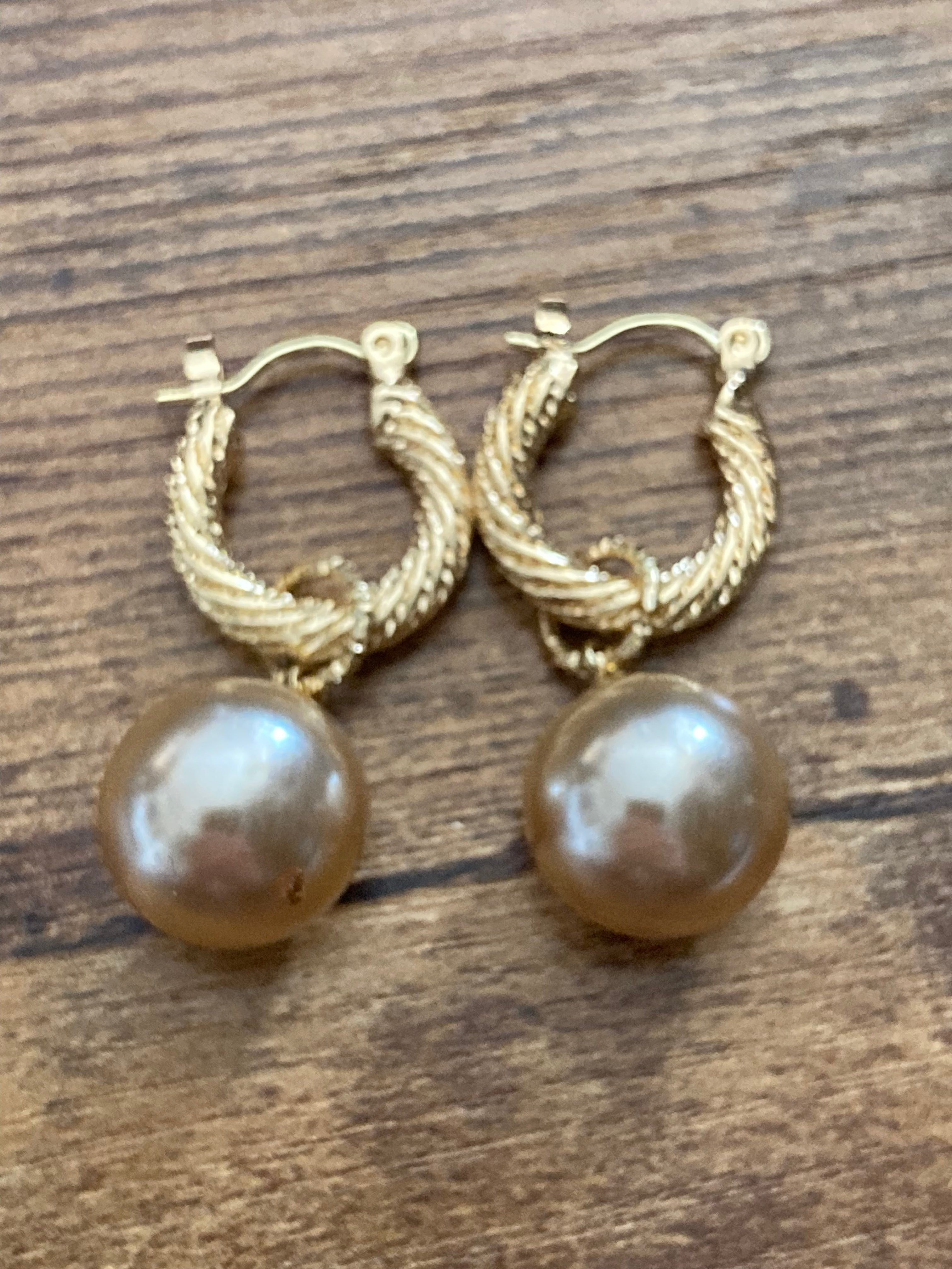 pearl ball drop hoop earrings gold tone