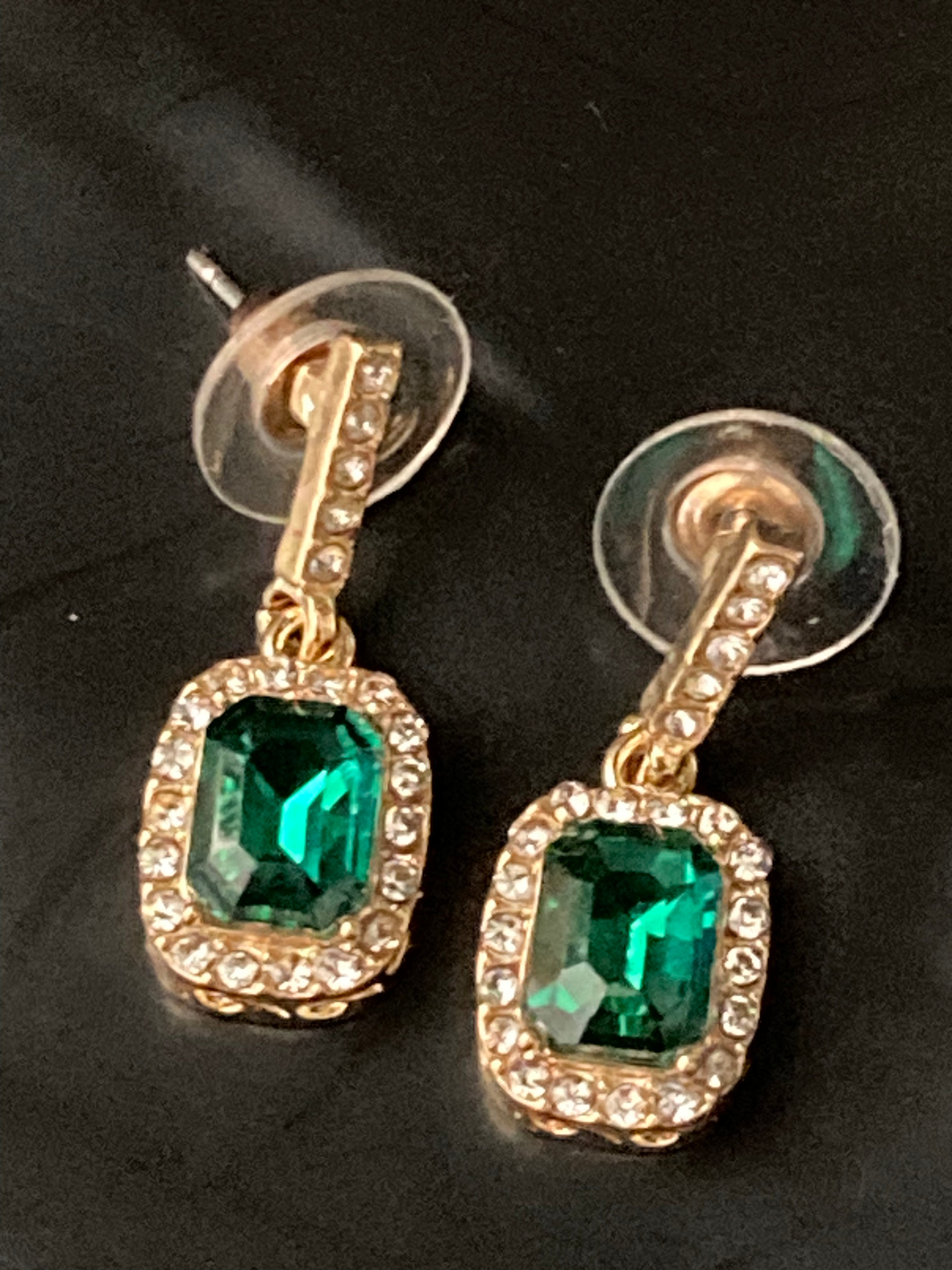 Emerald & clear diamanté antique style drop earrings