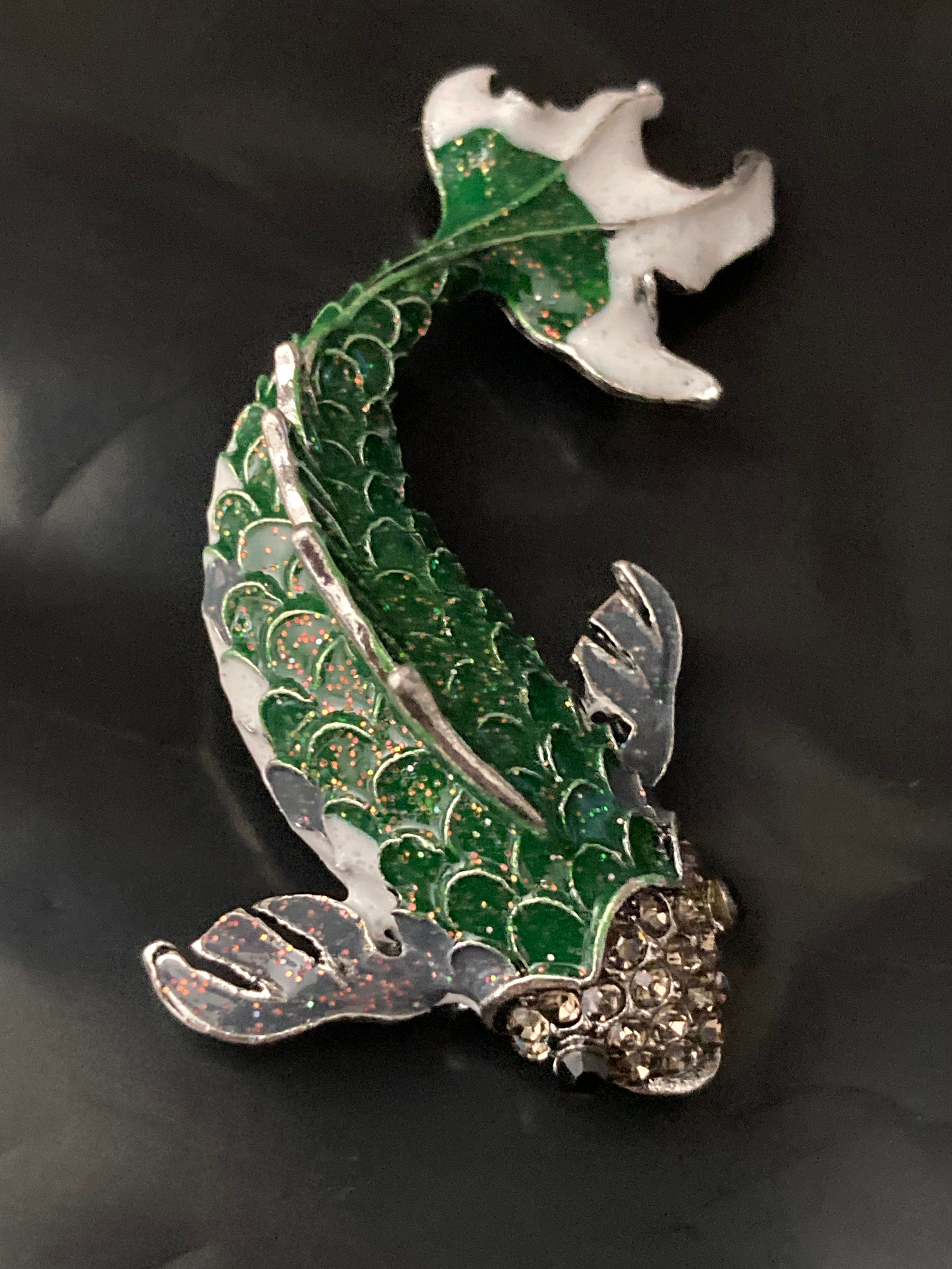 Large White and green enamel diamanté fish brooch