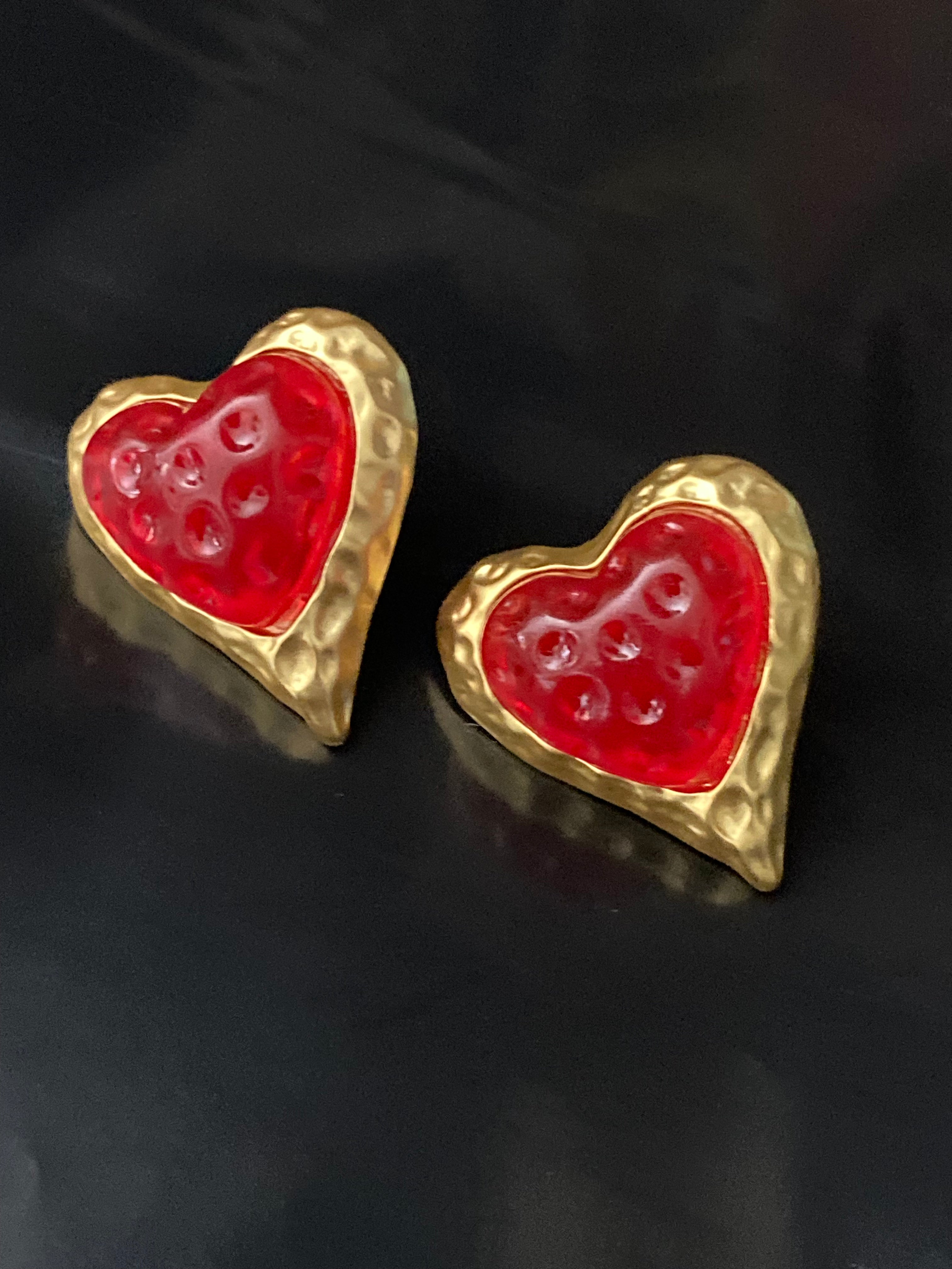 Ruby red bubble love heart earrings gold tone