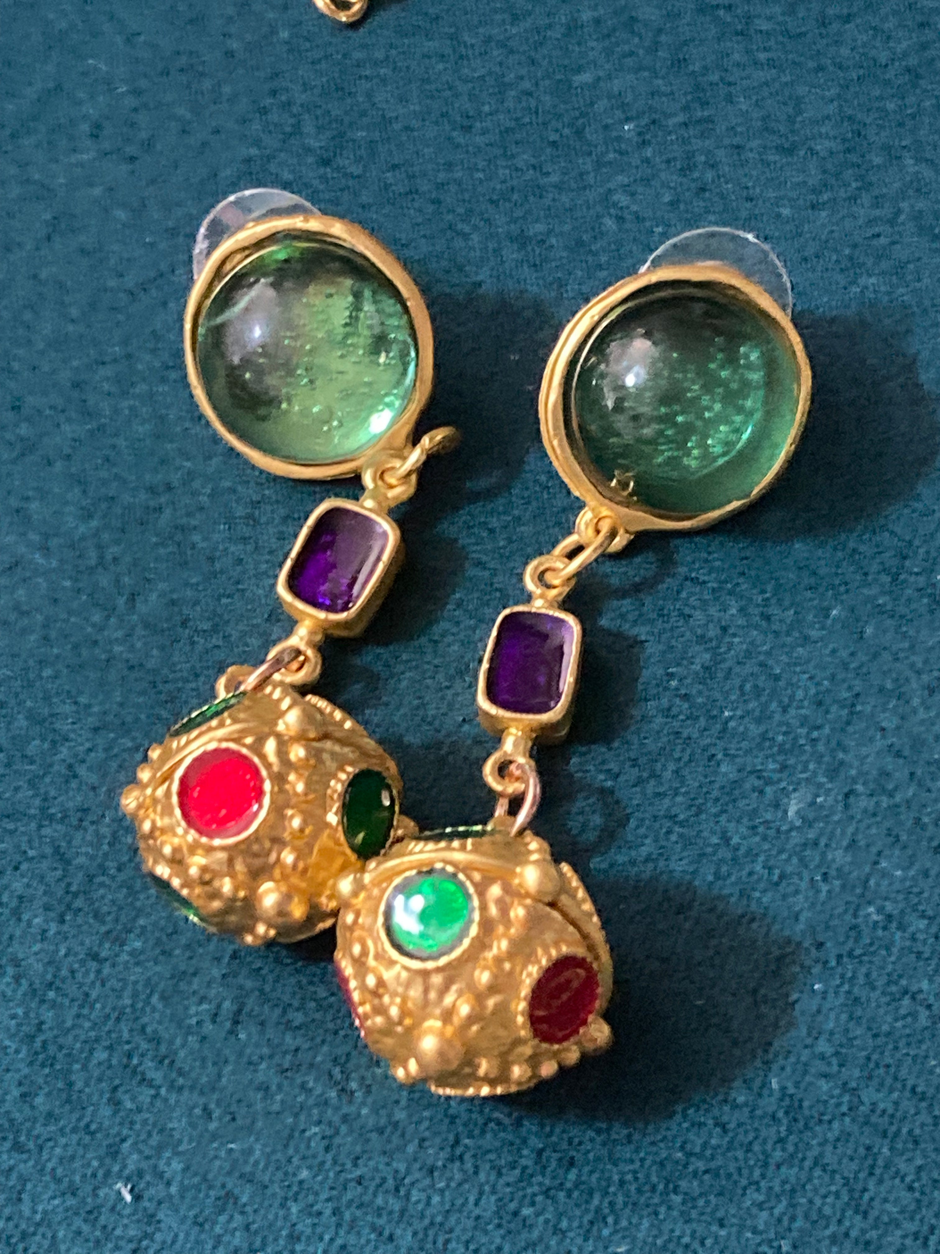 Gold orbs earrings gripoix style emerald ruby drops