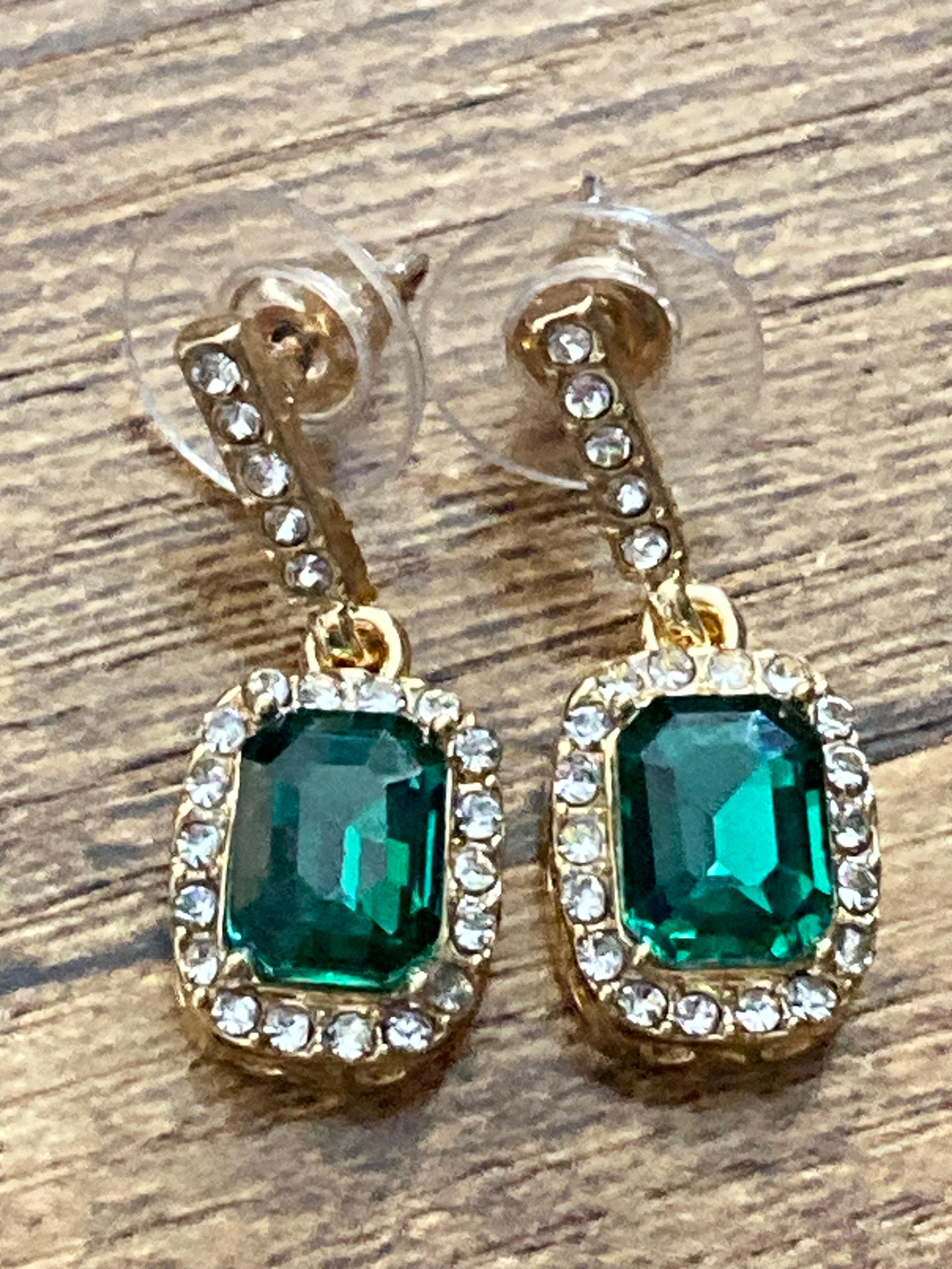 Emerald & clear diamanté antique style drop earrings