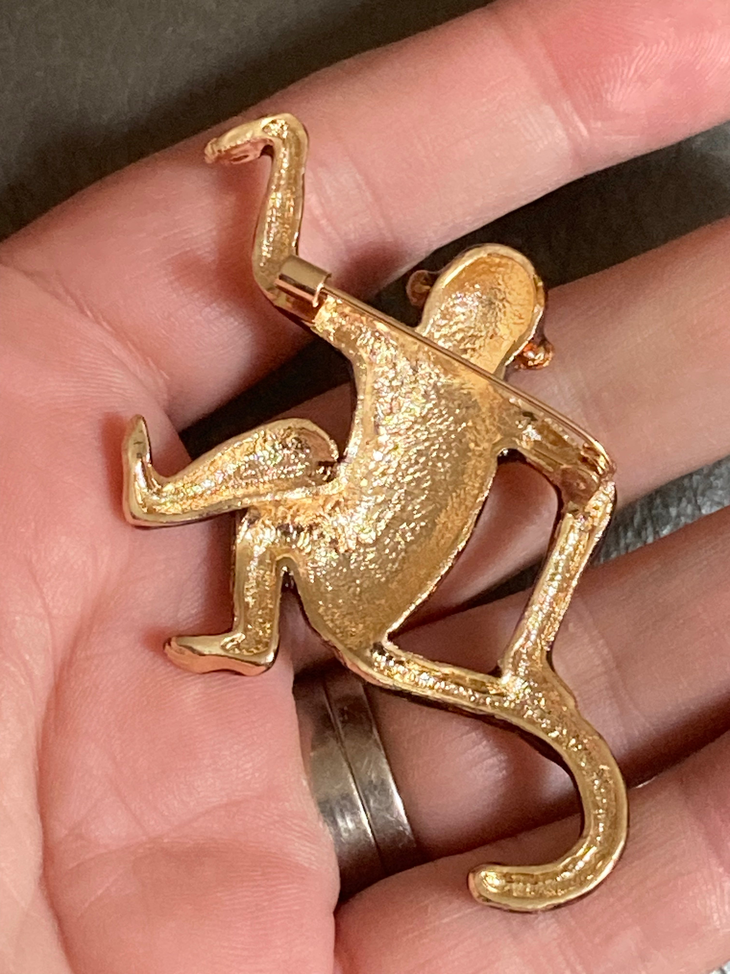 Brown enamel diamanté monkey brooch