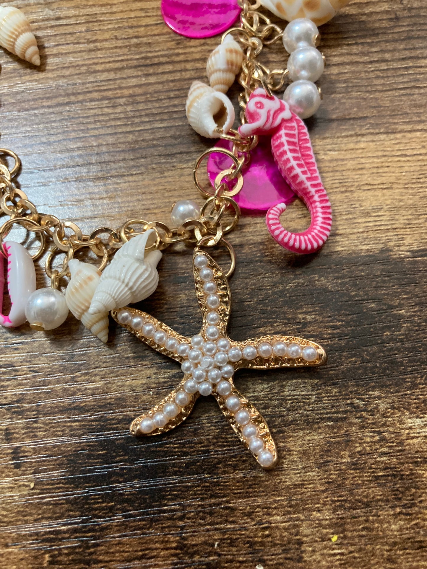 Chunky nautical summer necklace bright pink plastic charms