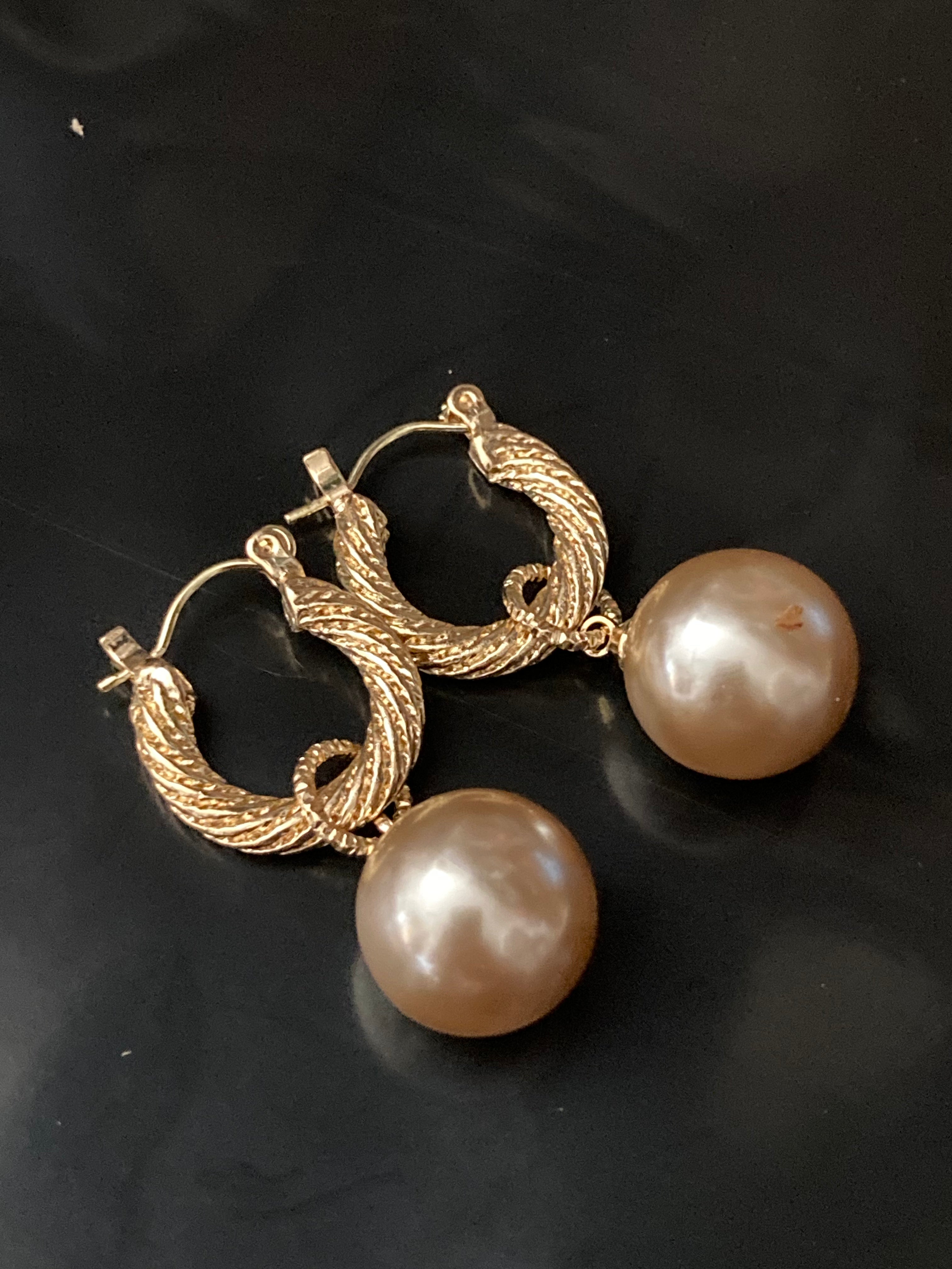 pearl ball drop hoop earrings gold tone