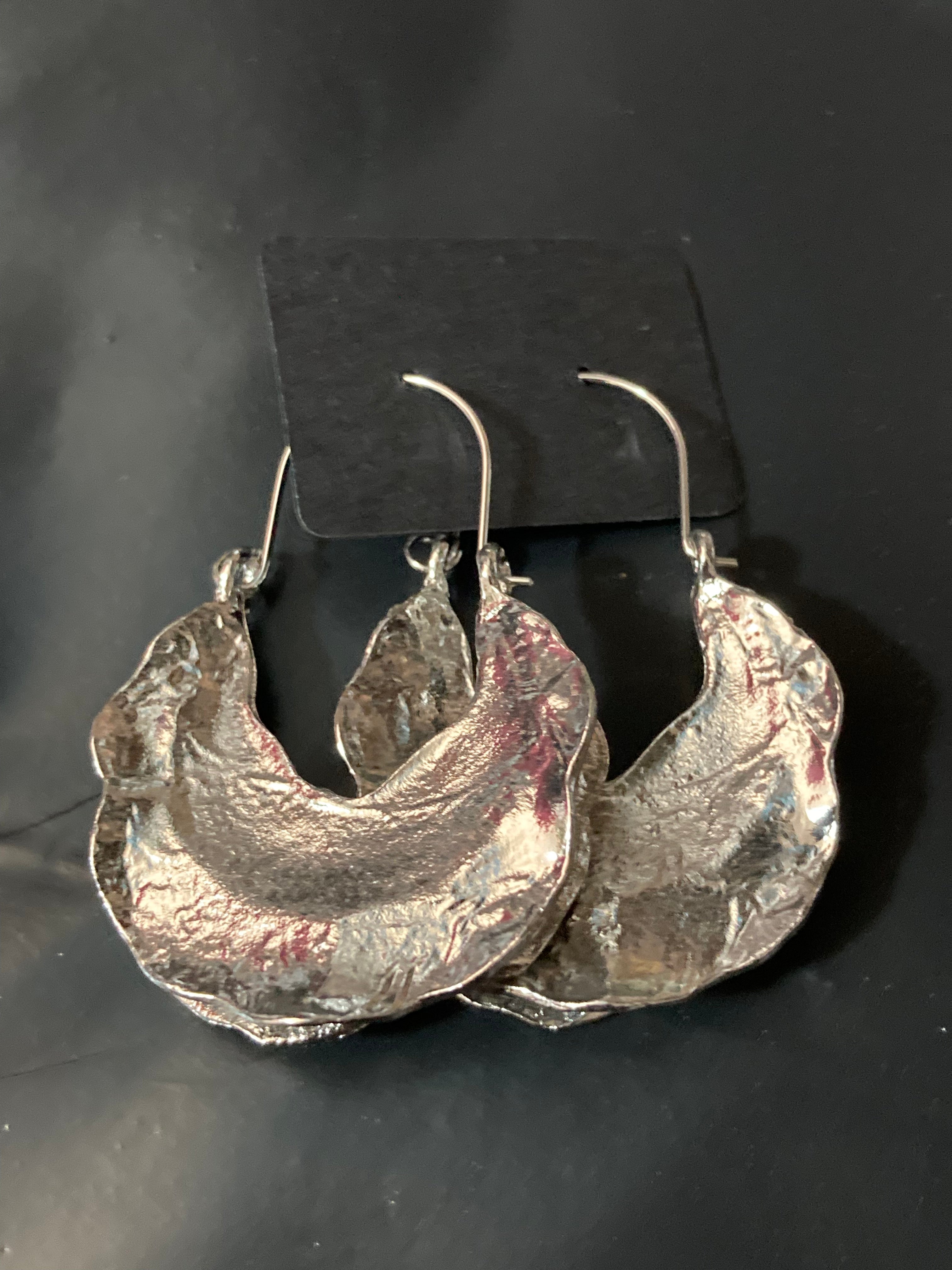 Silver Modernist beaten metal large creole hoop earrings