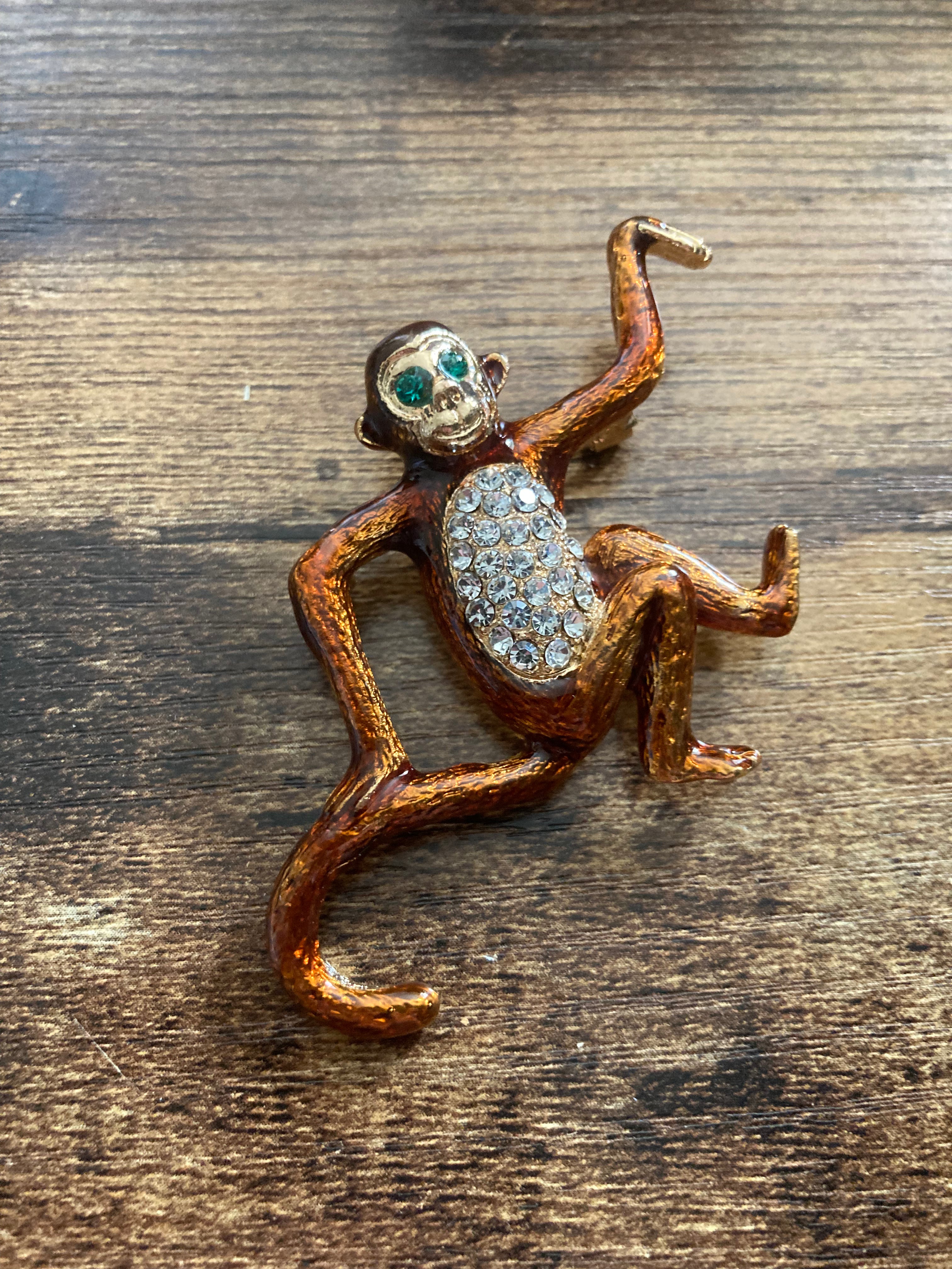 Brown enamel diamanté monkey brooch