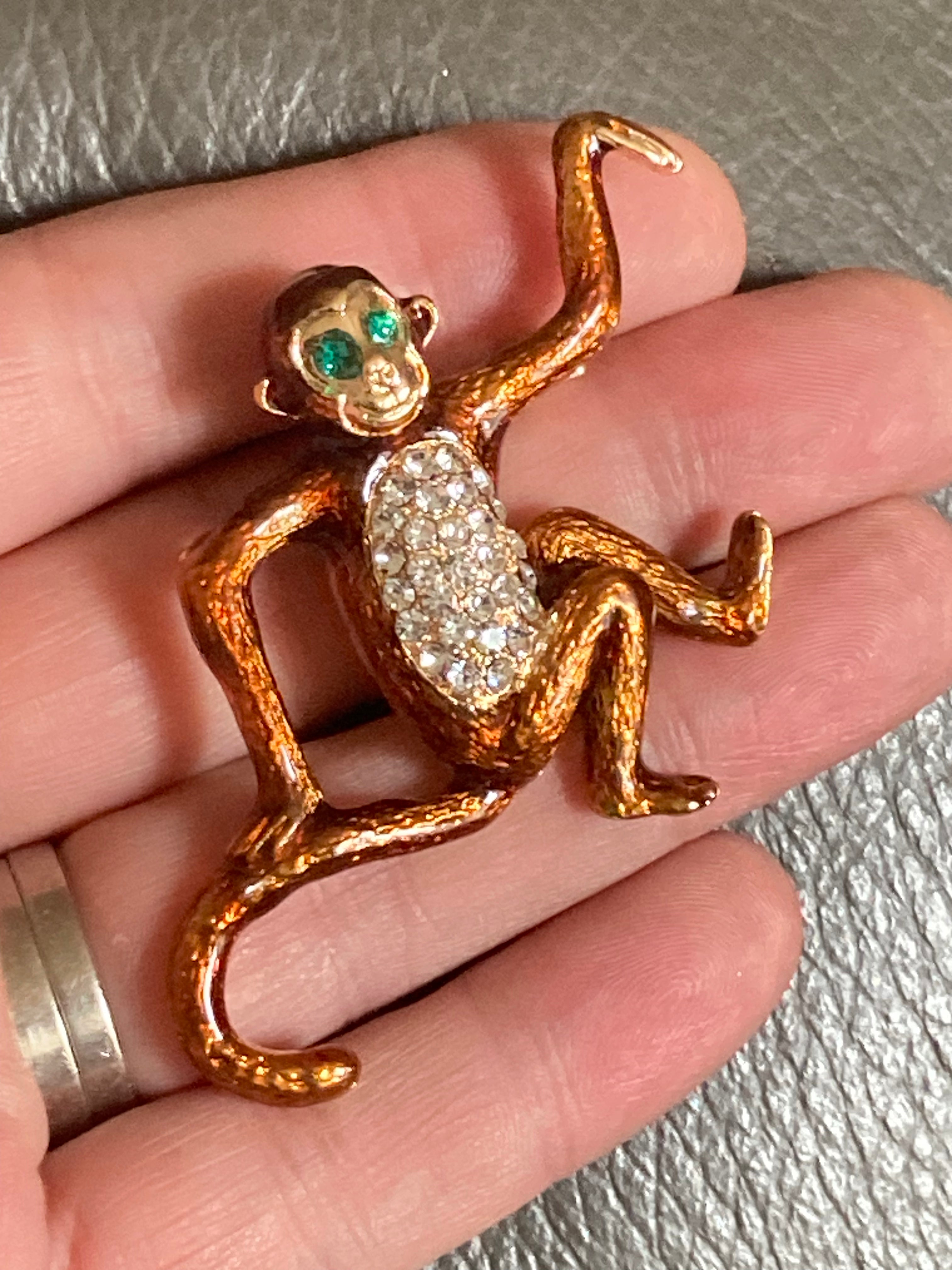 Brown enamel diamanté monkey brooch