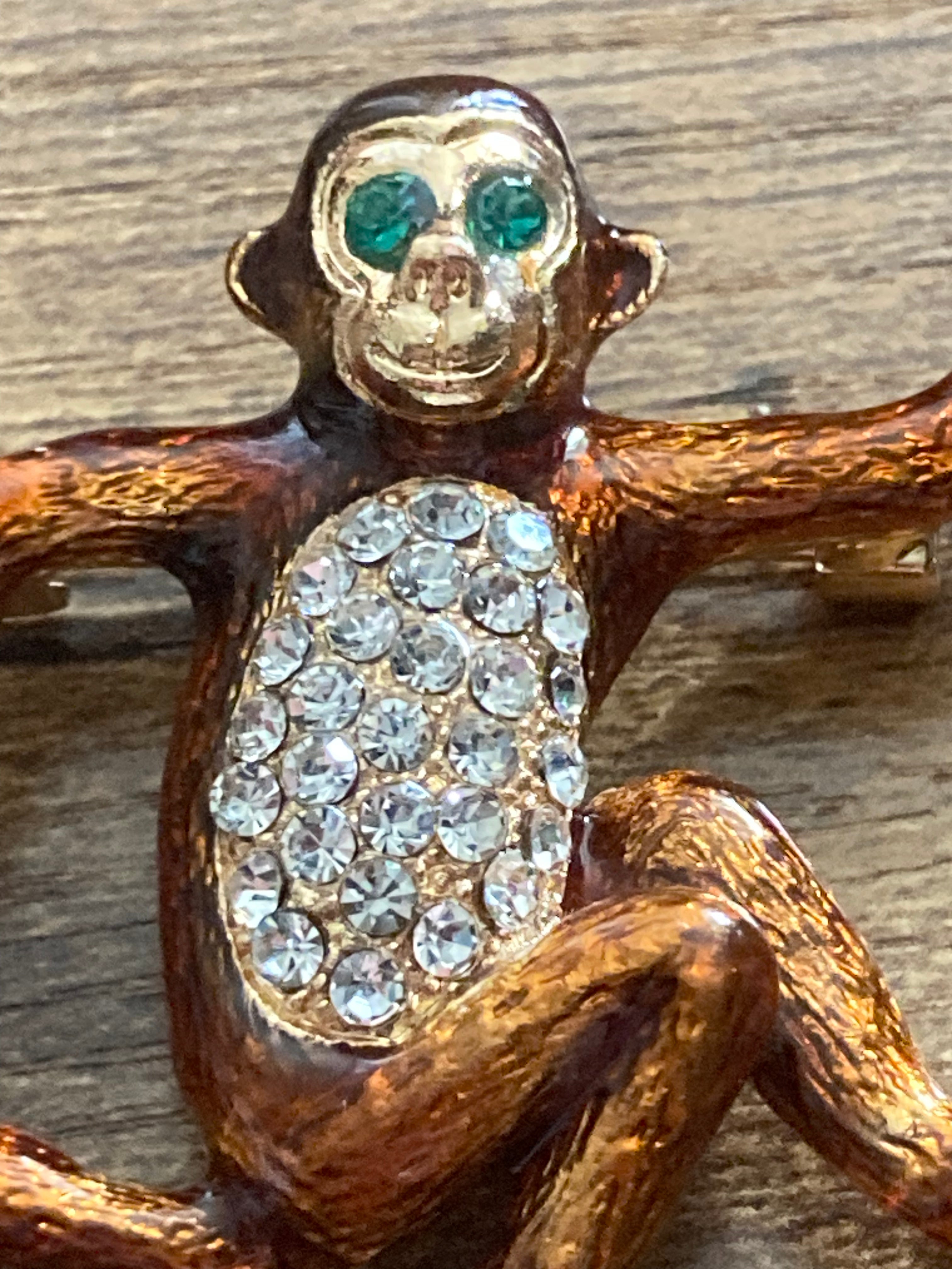 Brown enamel diamanté monkey brooch