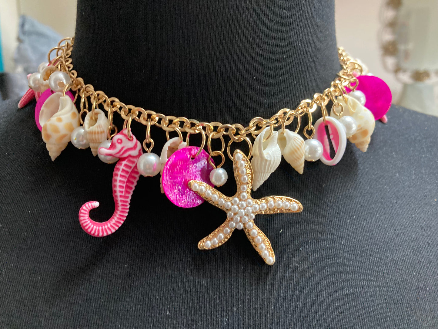 Chunky nautical summer necklace bright pink plastic charms