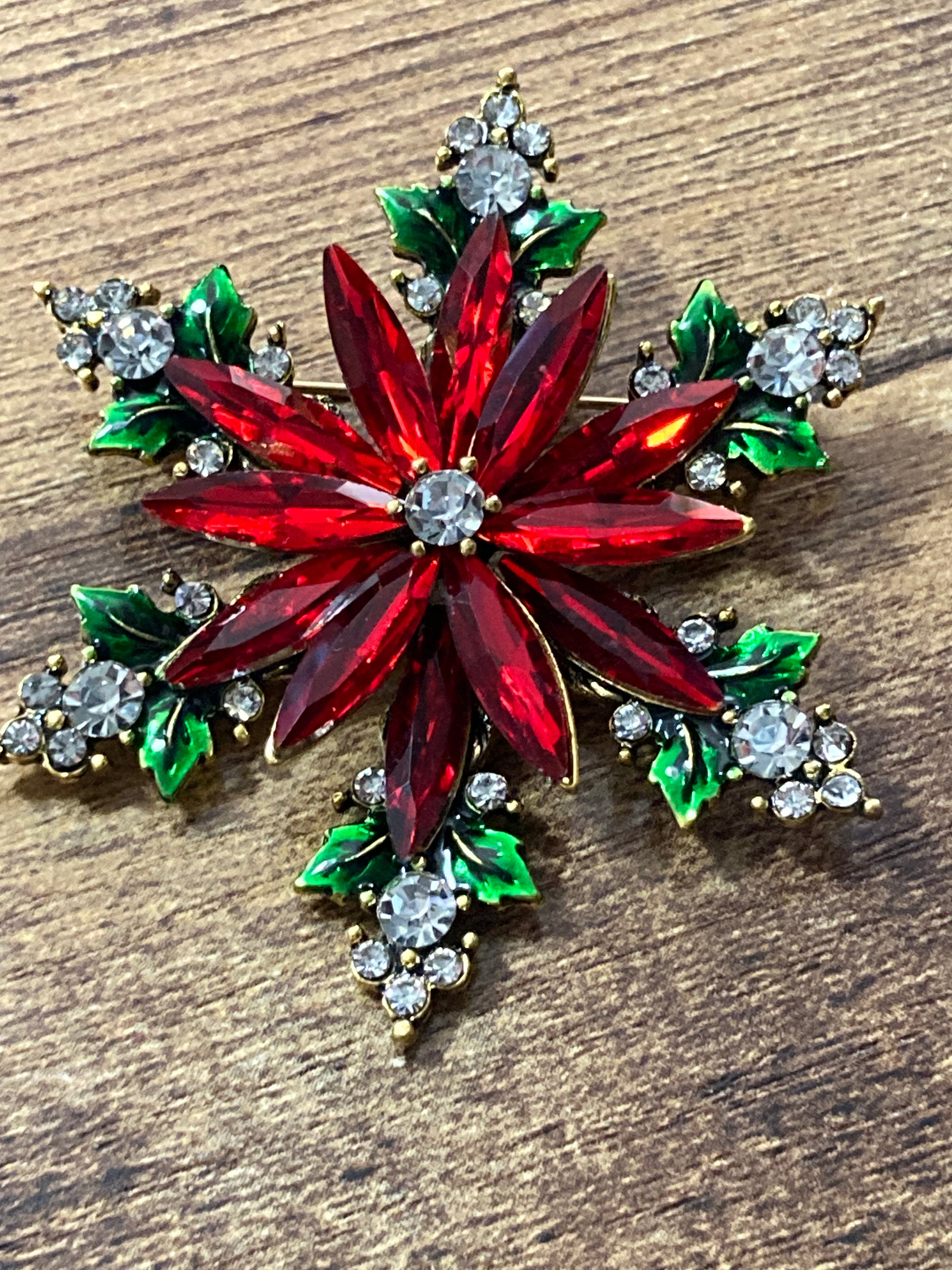 Diamanté Christmas poinsettia brooch