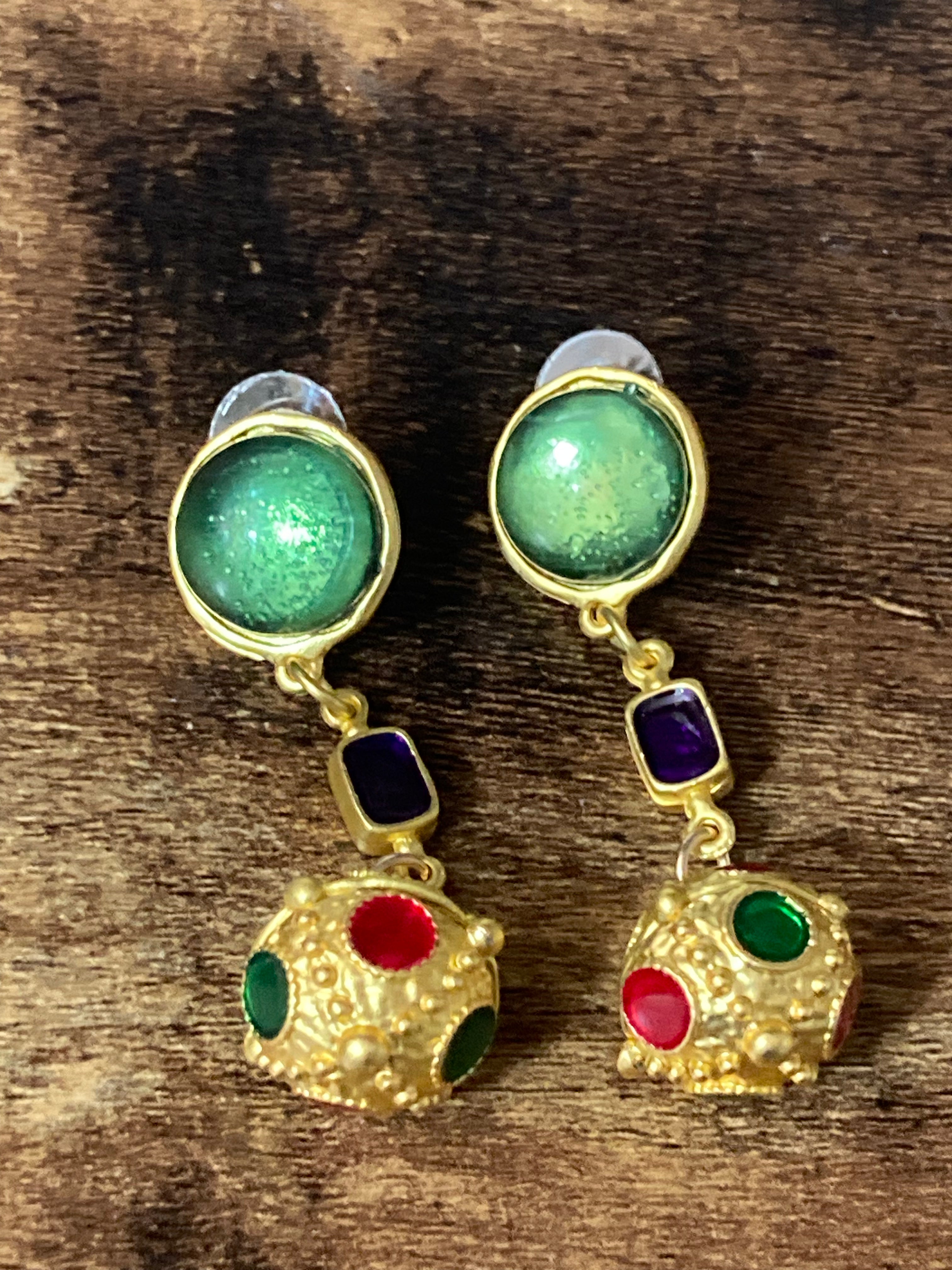 Gold orbs earrings gripoix style emerald ruby drops