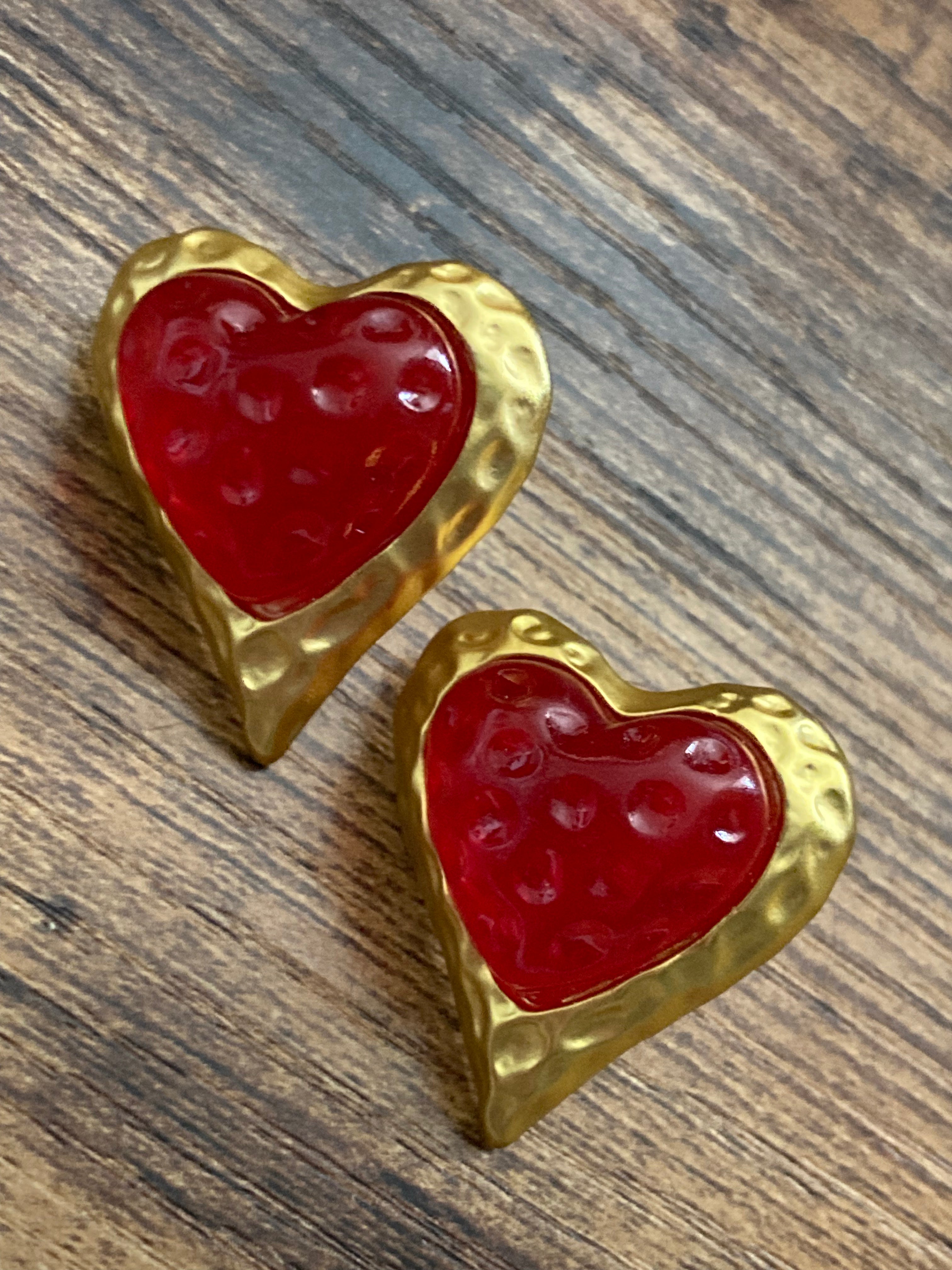 Ruby red bubble love heart earrings gold tone