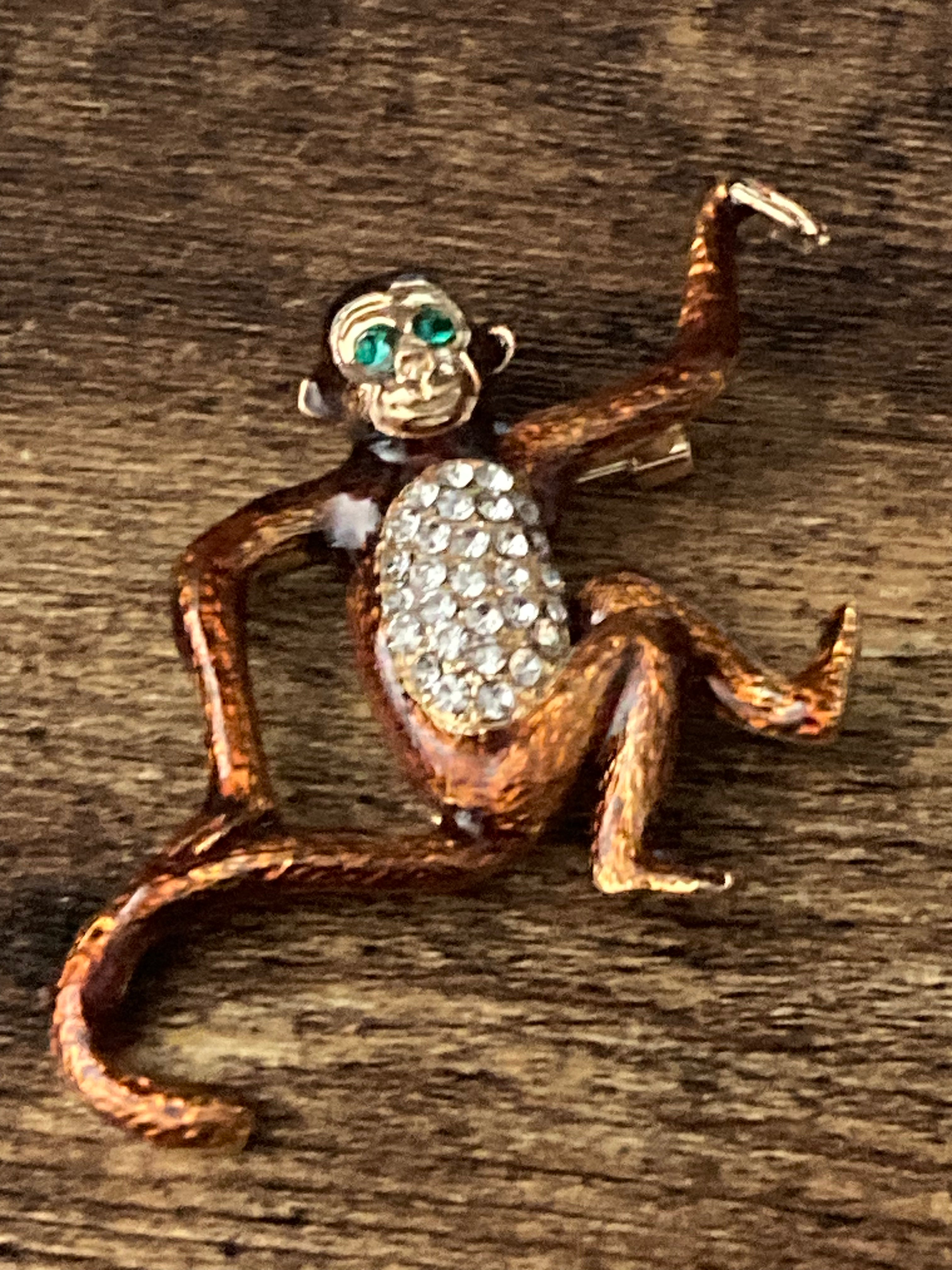 Brown enamel diamanté monkey brooch