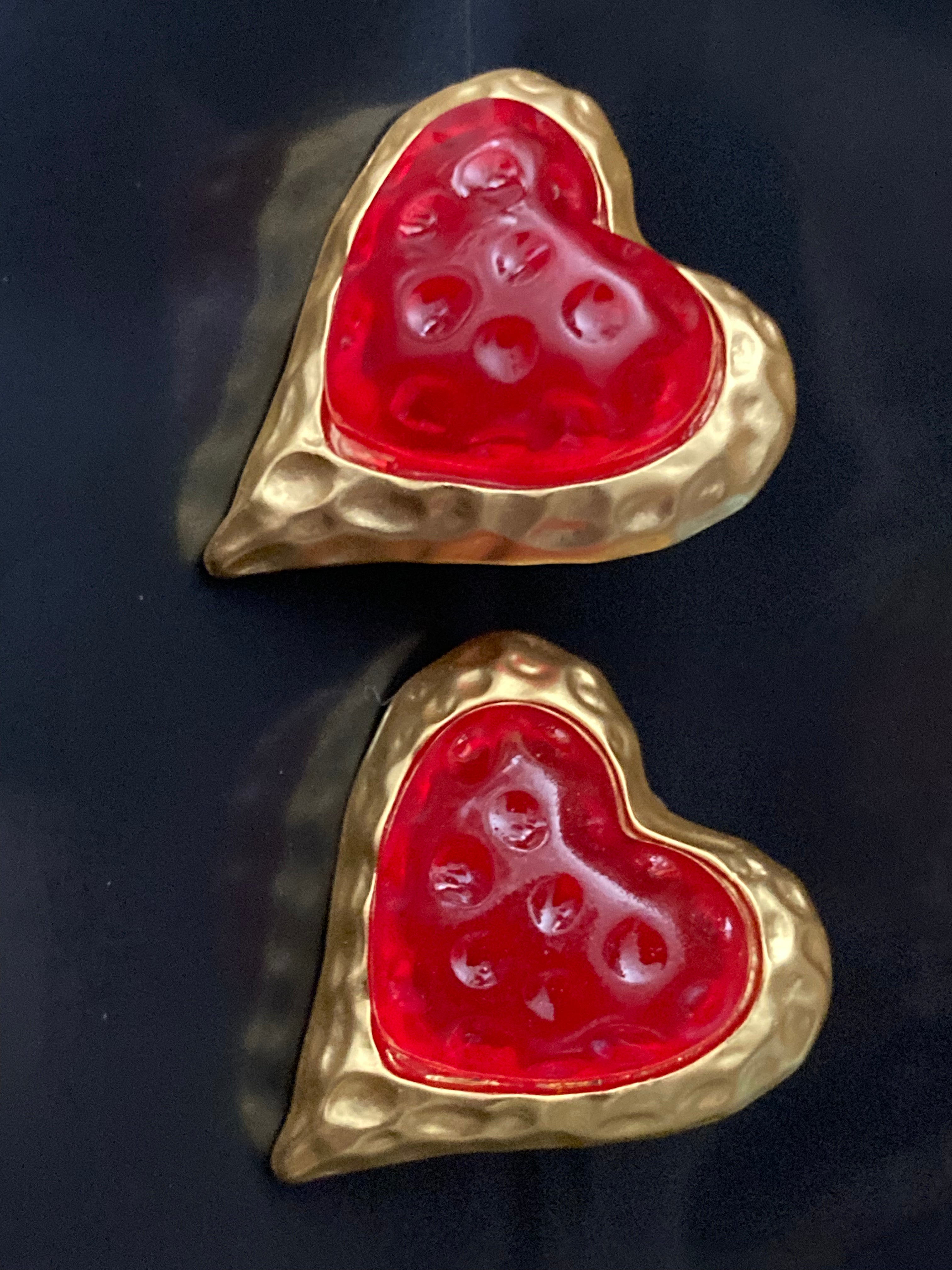 Ruby red bubble love heart earrings gold tone