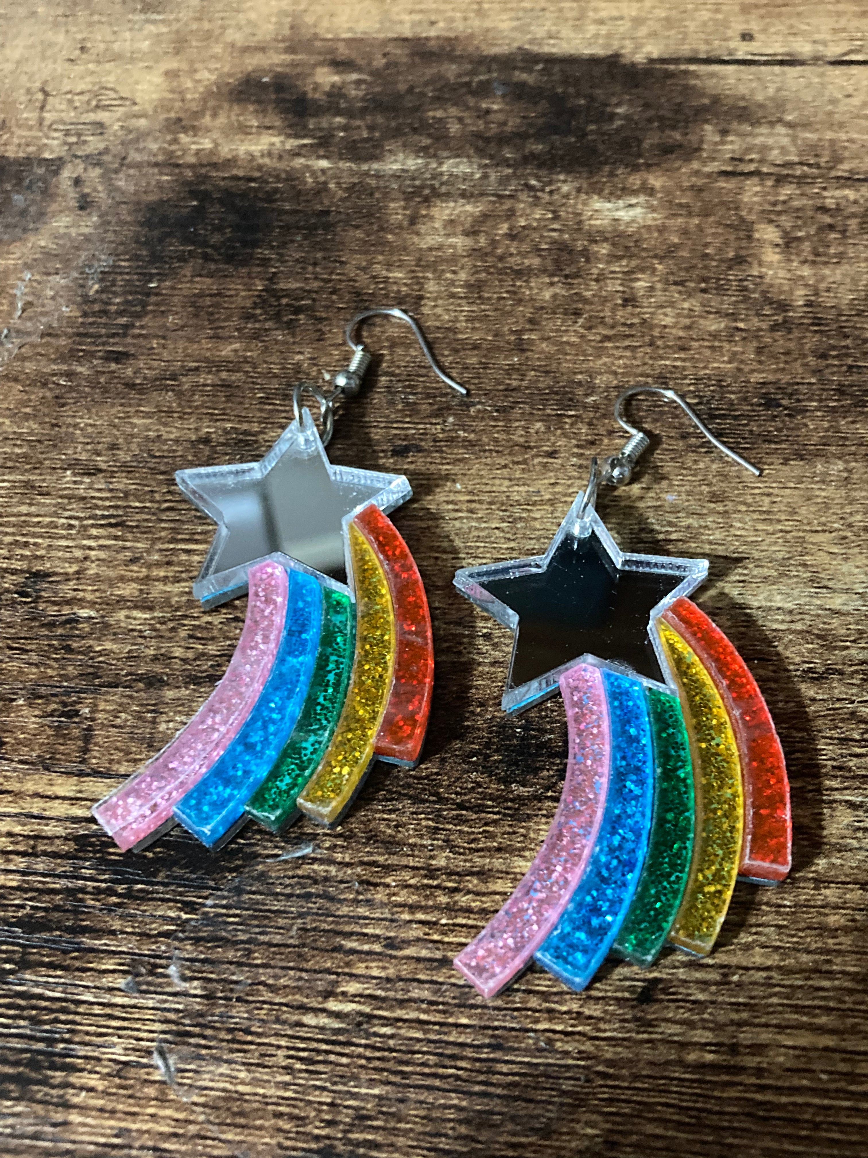 Acrylic rainbow shooting star mirror finish earrings