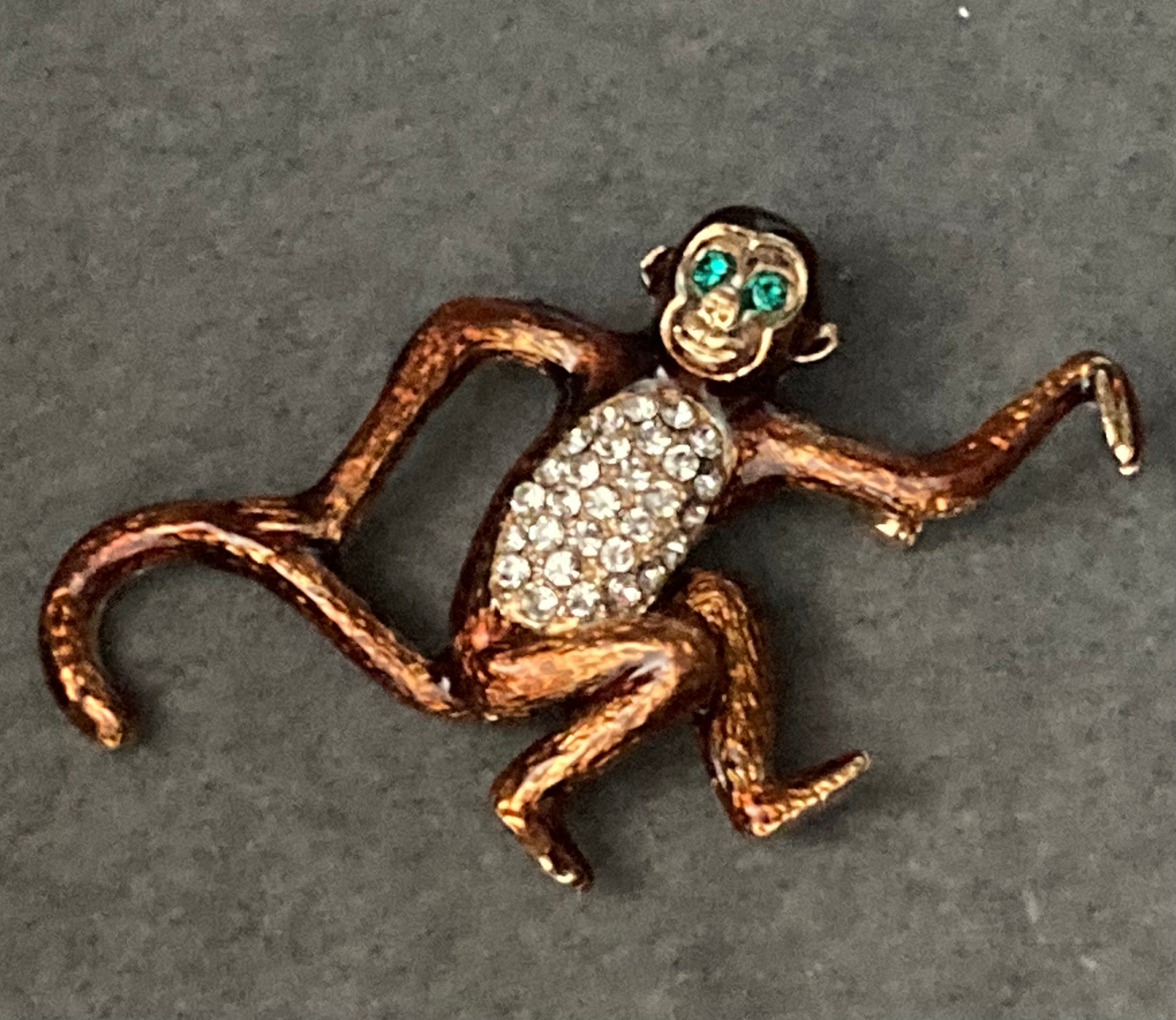 Brown enamel diamanté monkey brooch