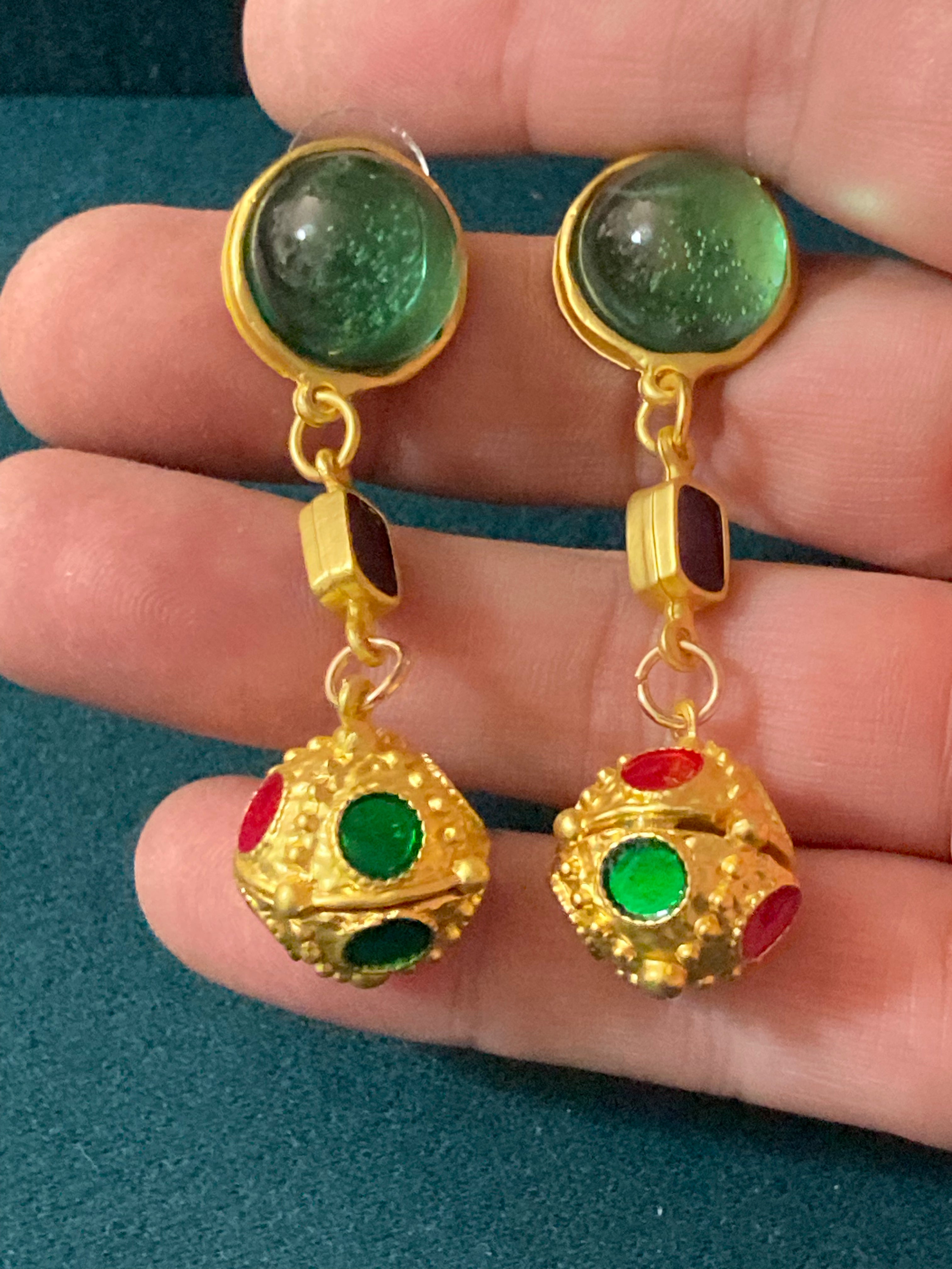 Gold orbs earrings gripoix style emerald ruby drops