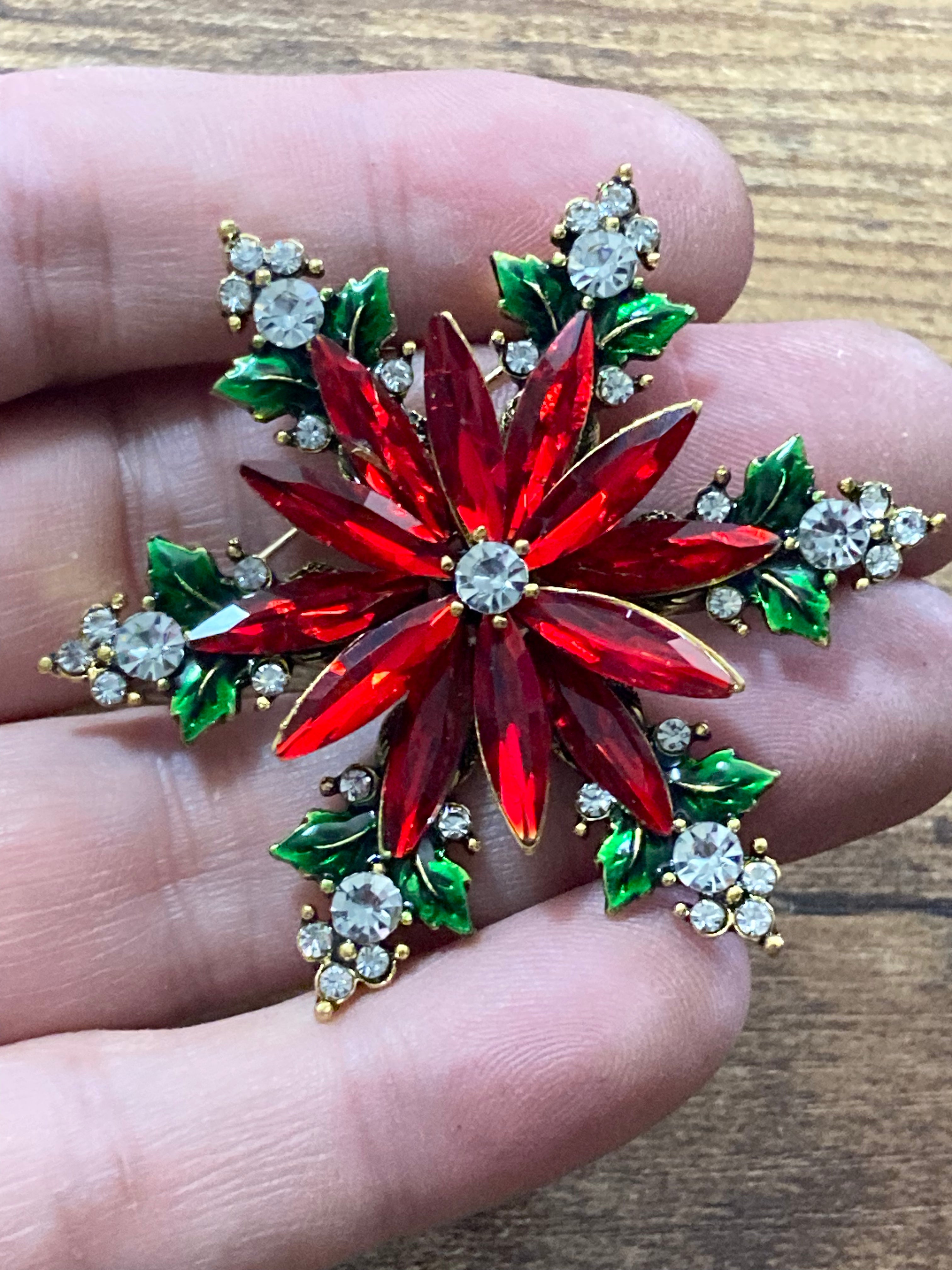 Diamanté Christmas poinsettia brooch