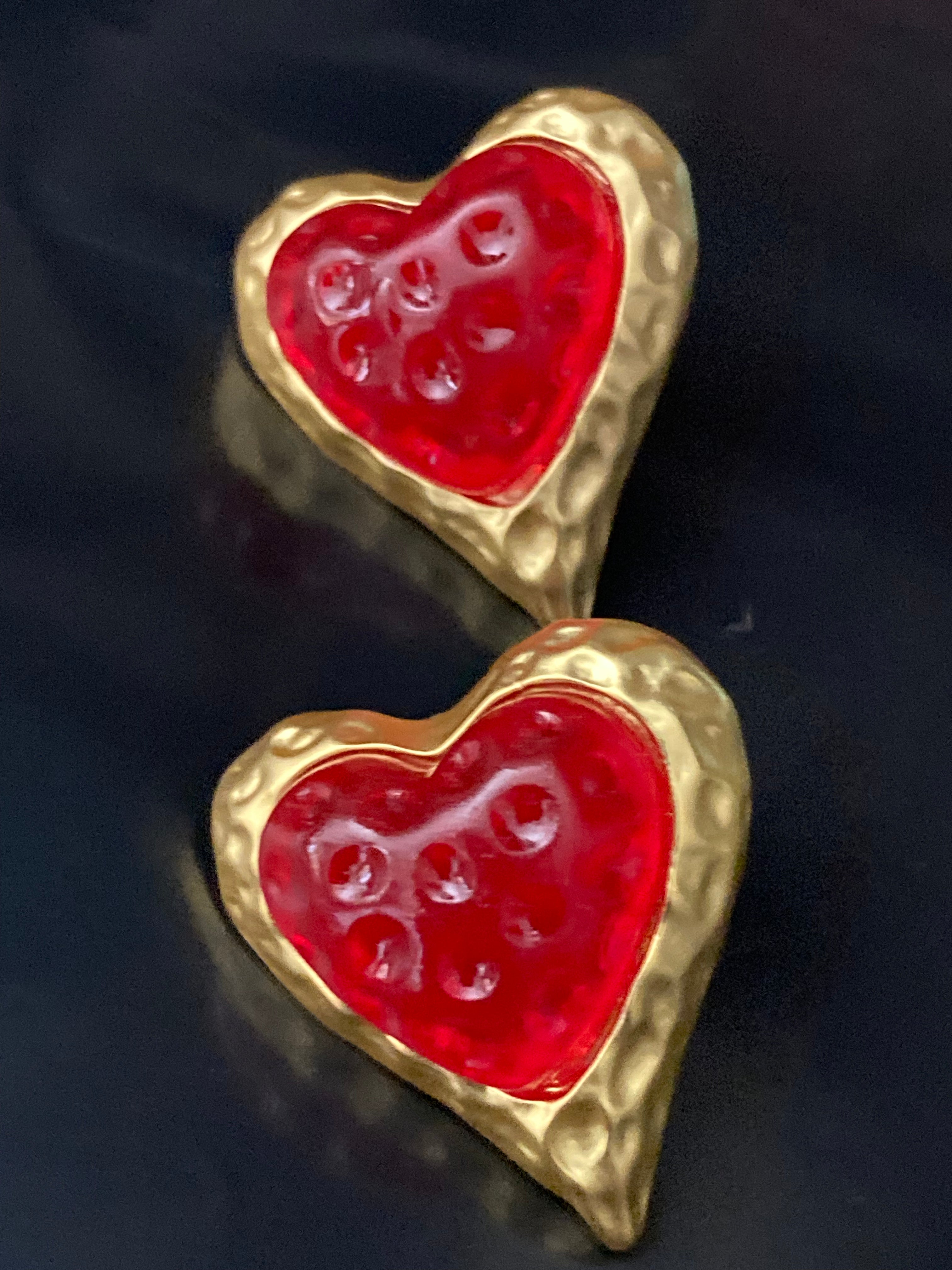 Ruby red bubble love heart earrings gold tone