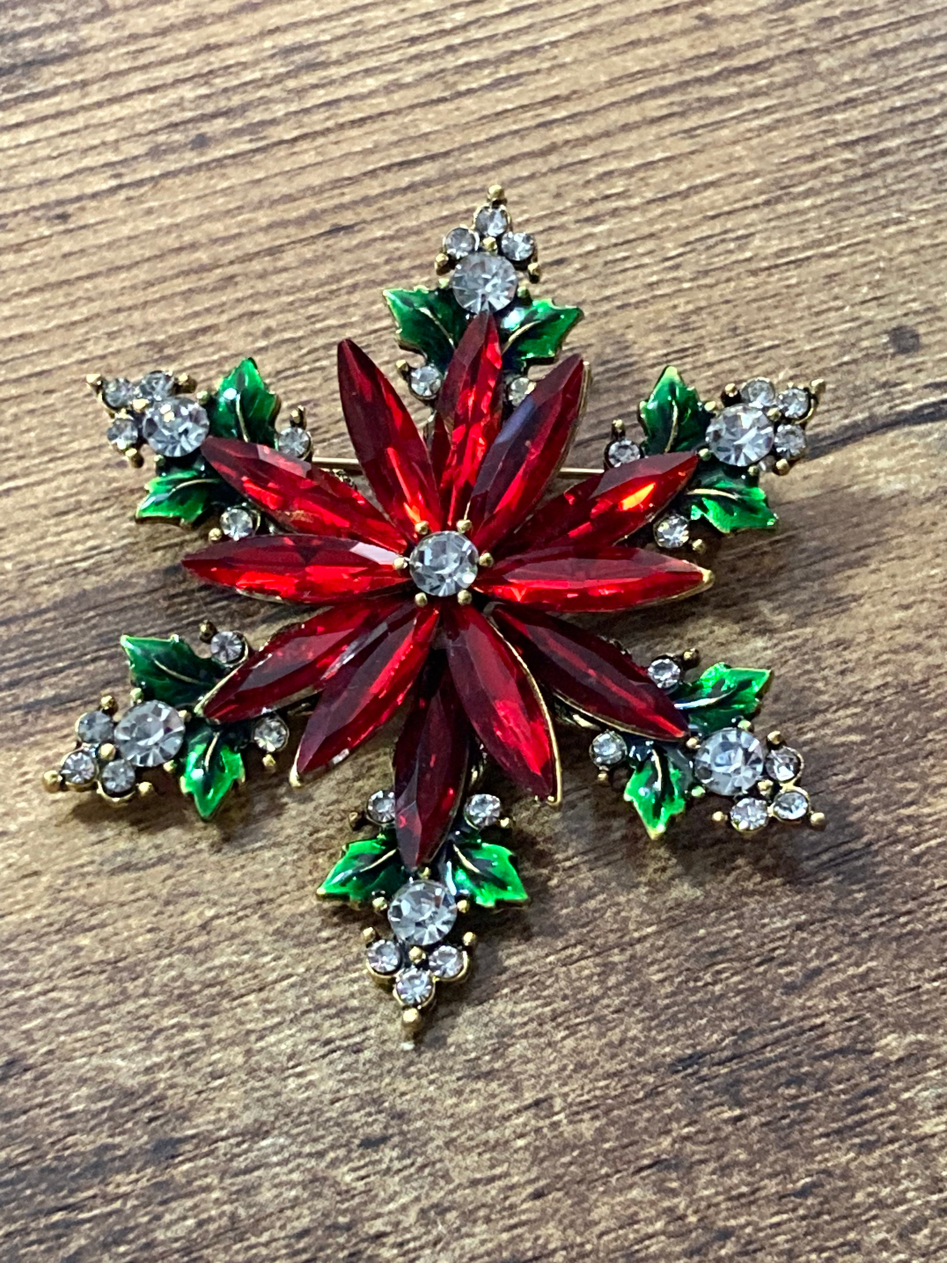 Diamanté Christmas poinsettia brooch