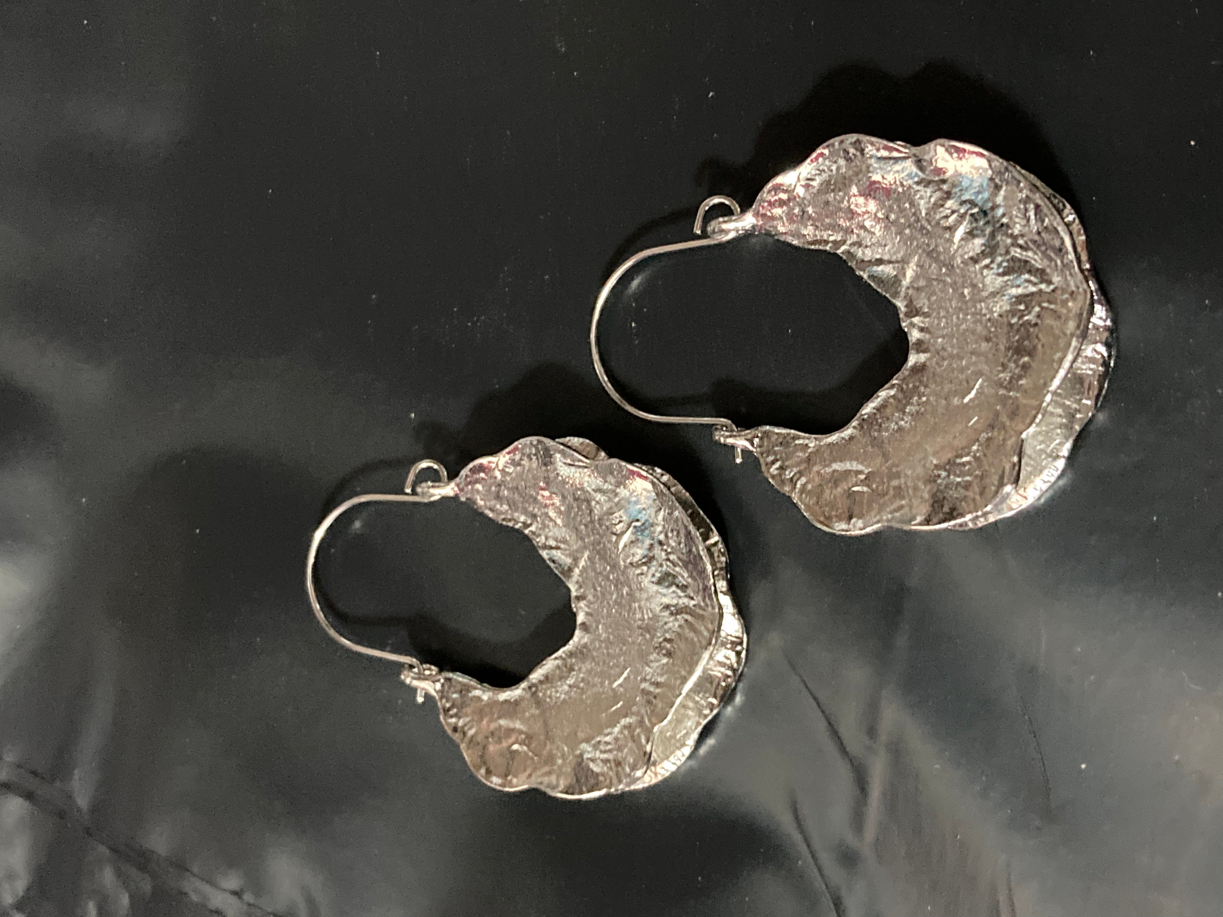 Silver Modernist beaten metal large creole hoop earrings