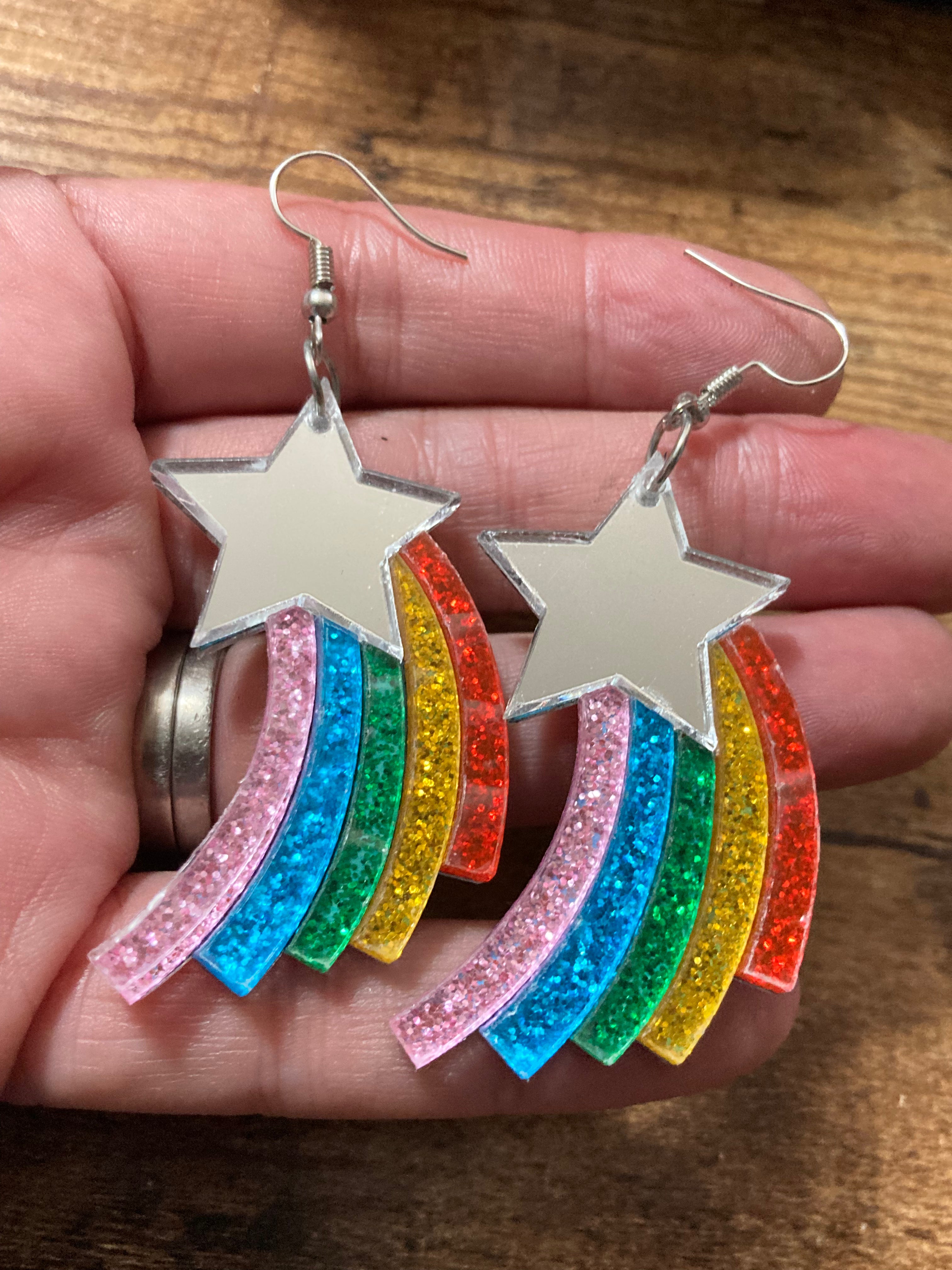 Acrylic rainbow shooting star mirror finish earrings