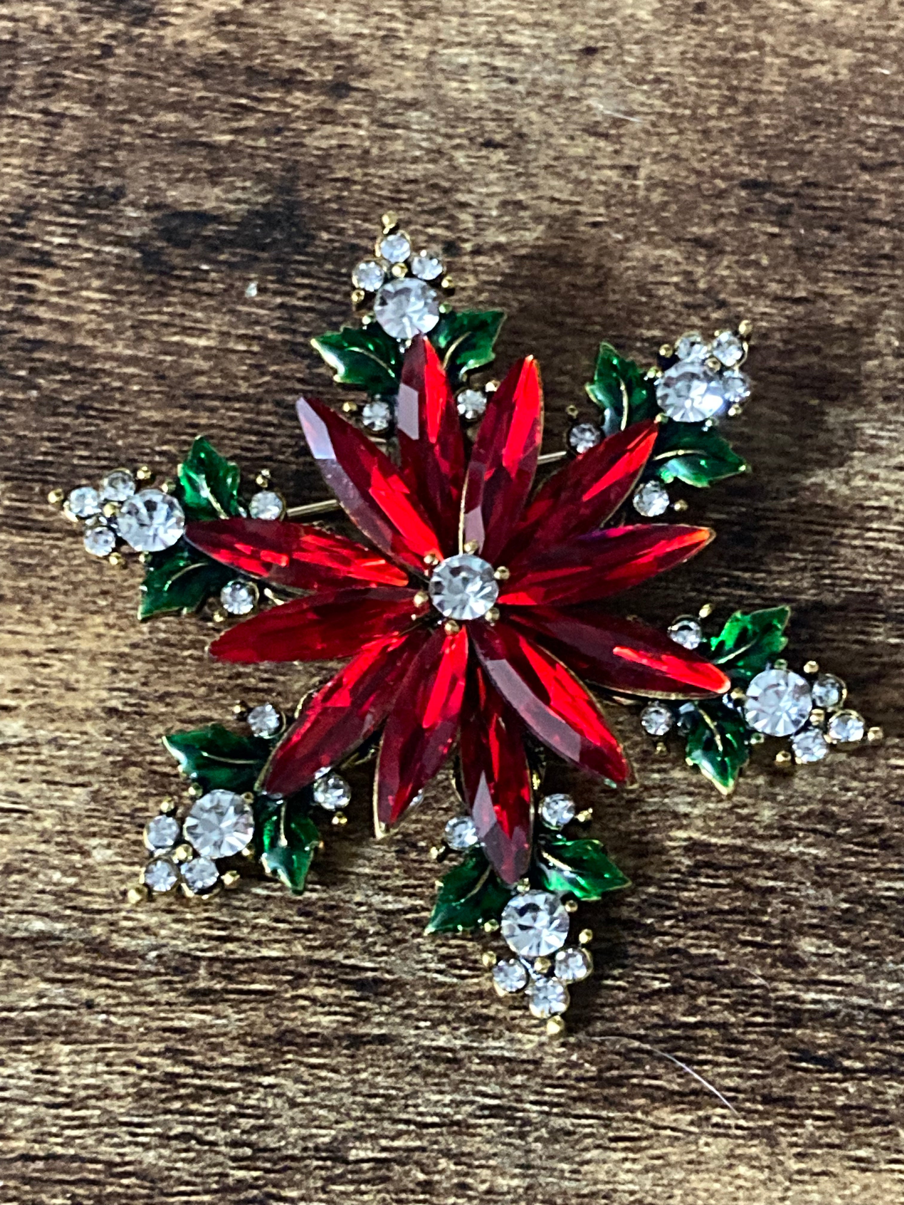 Diamanté Christmas poinsettia brooch