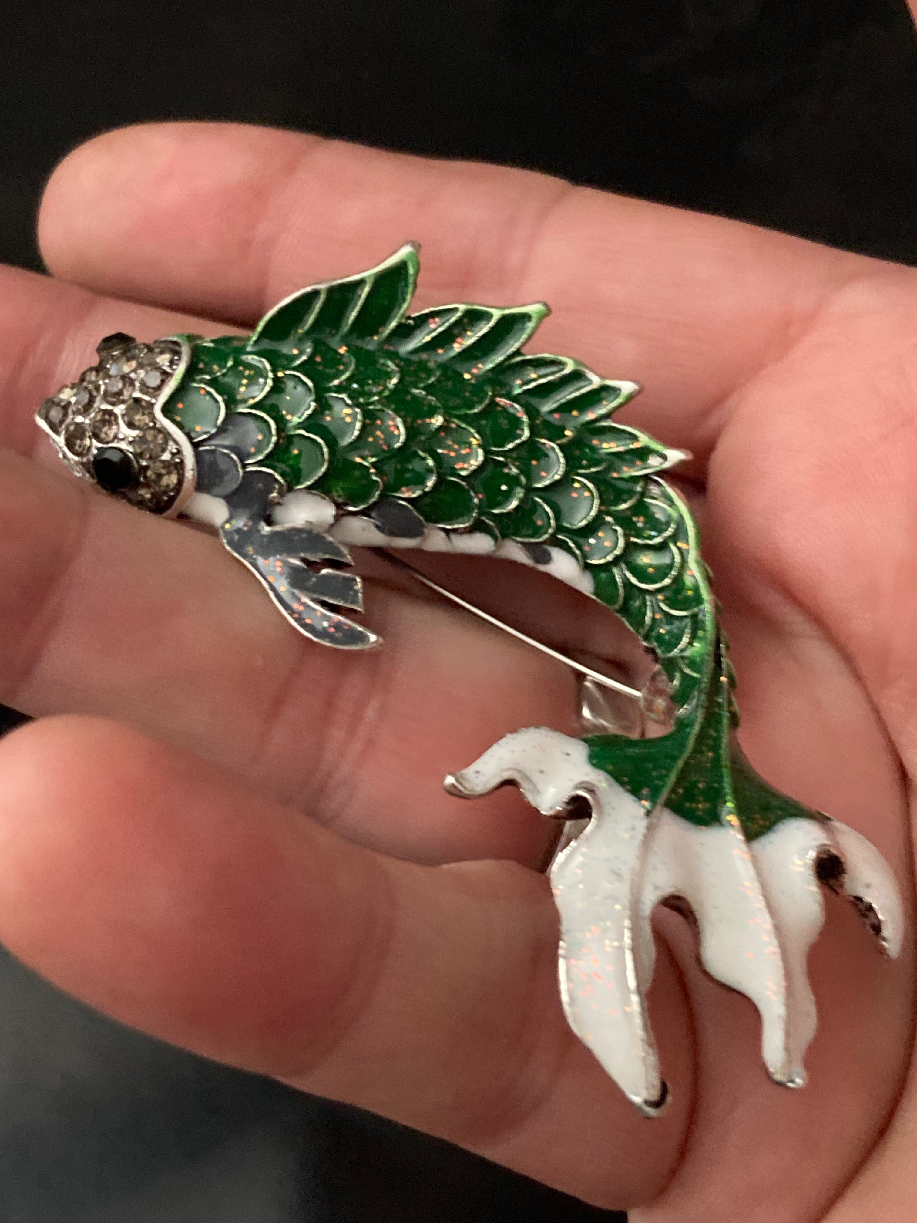 Large White and green enamel diamanté fish brooch