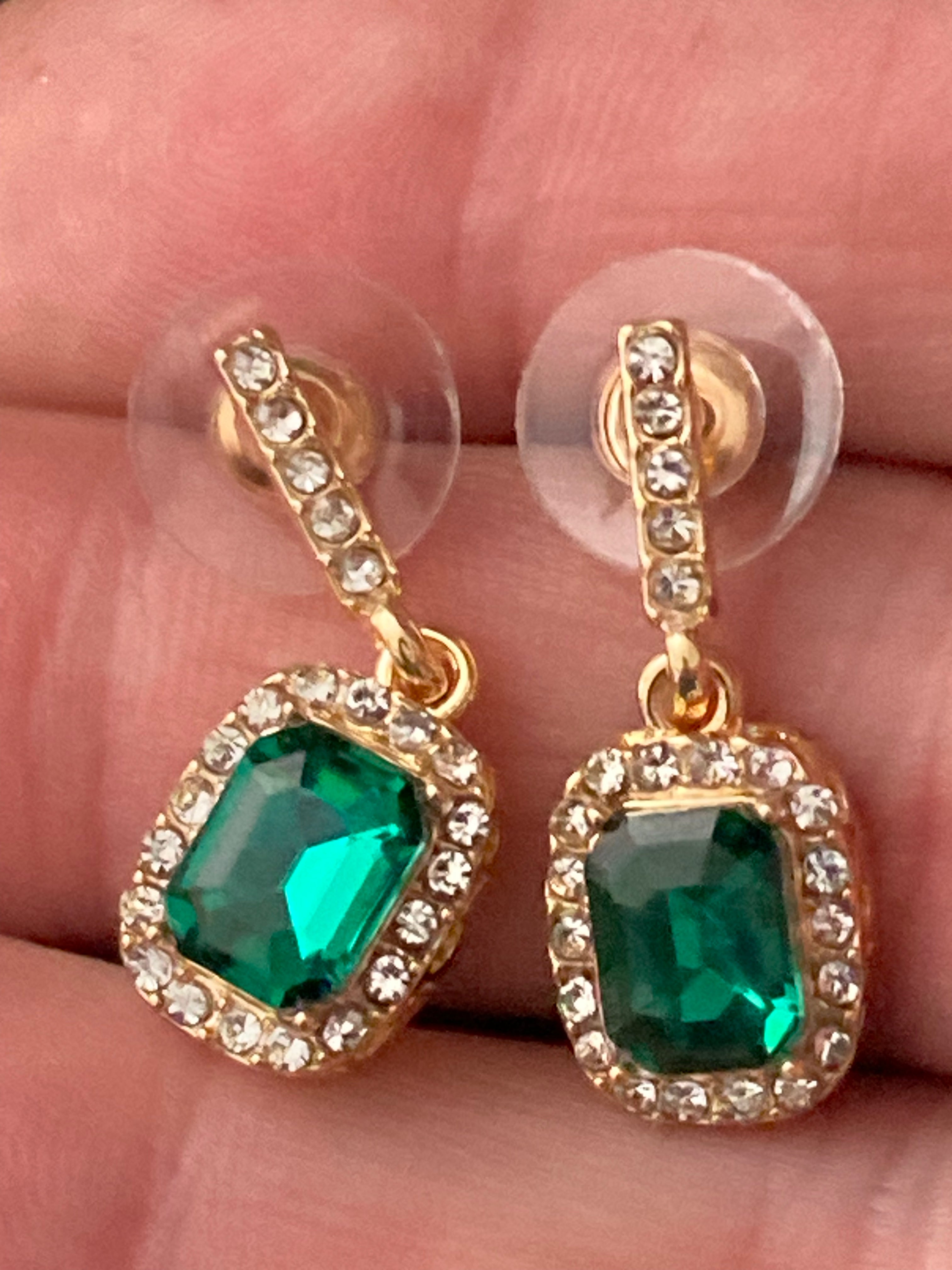 Emerald & clear diamanté antique style drop earrings