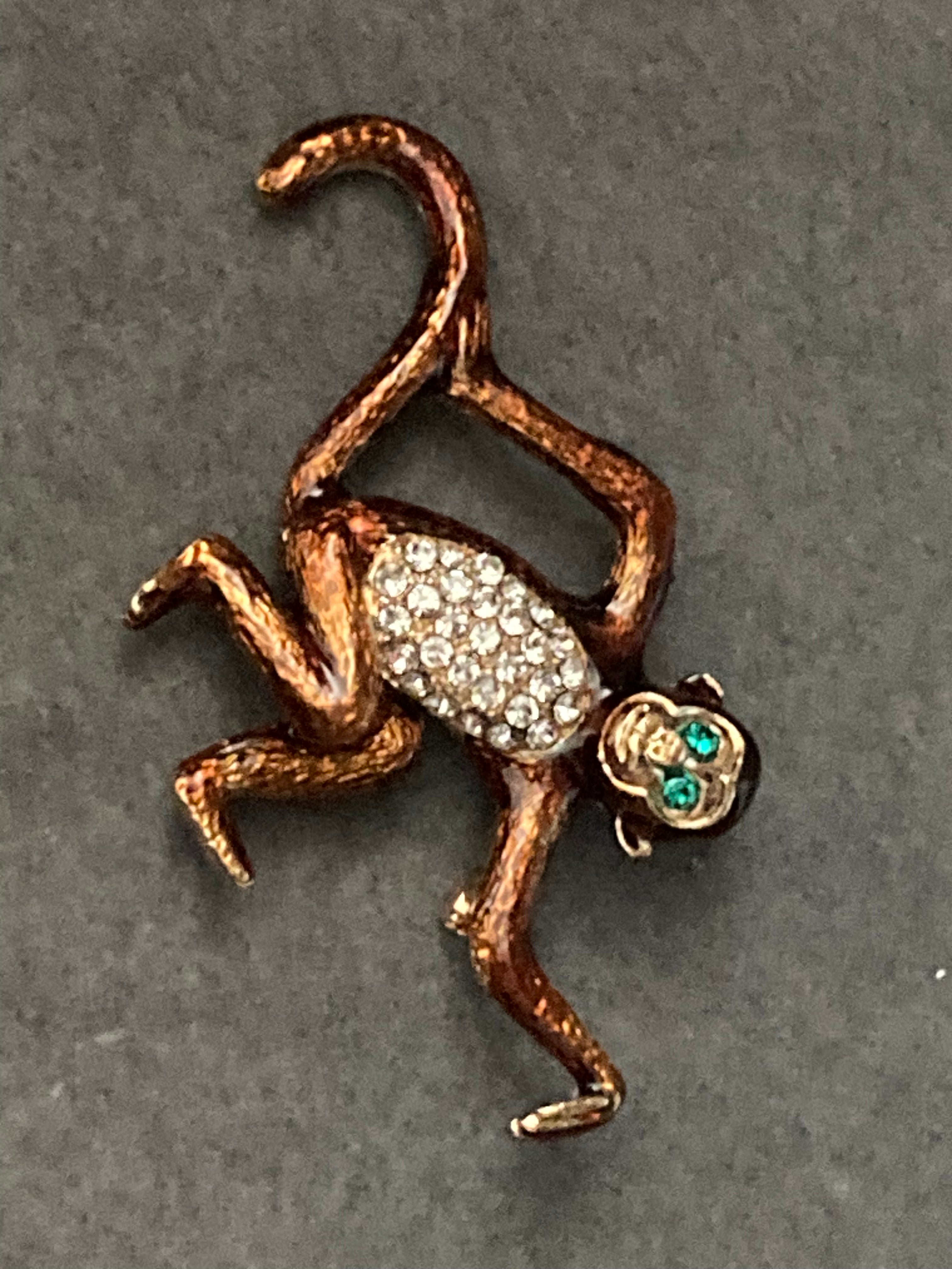 Brown enamel diamanté monkey brooch