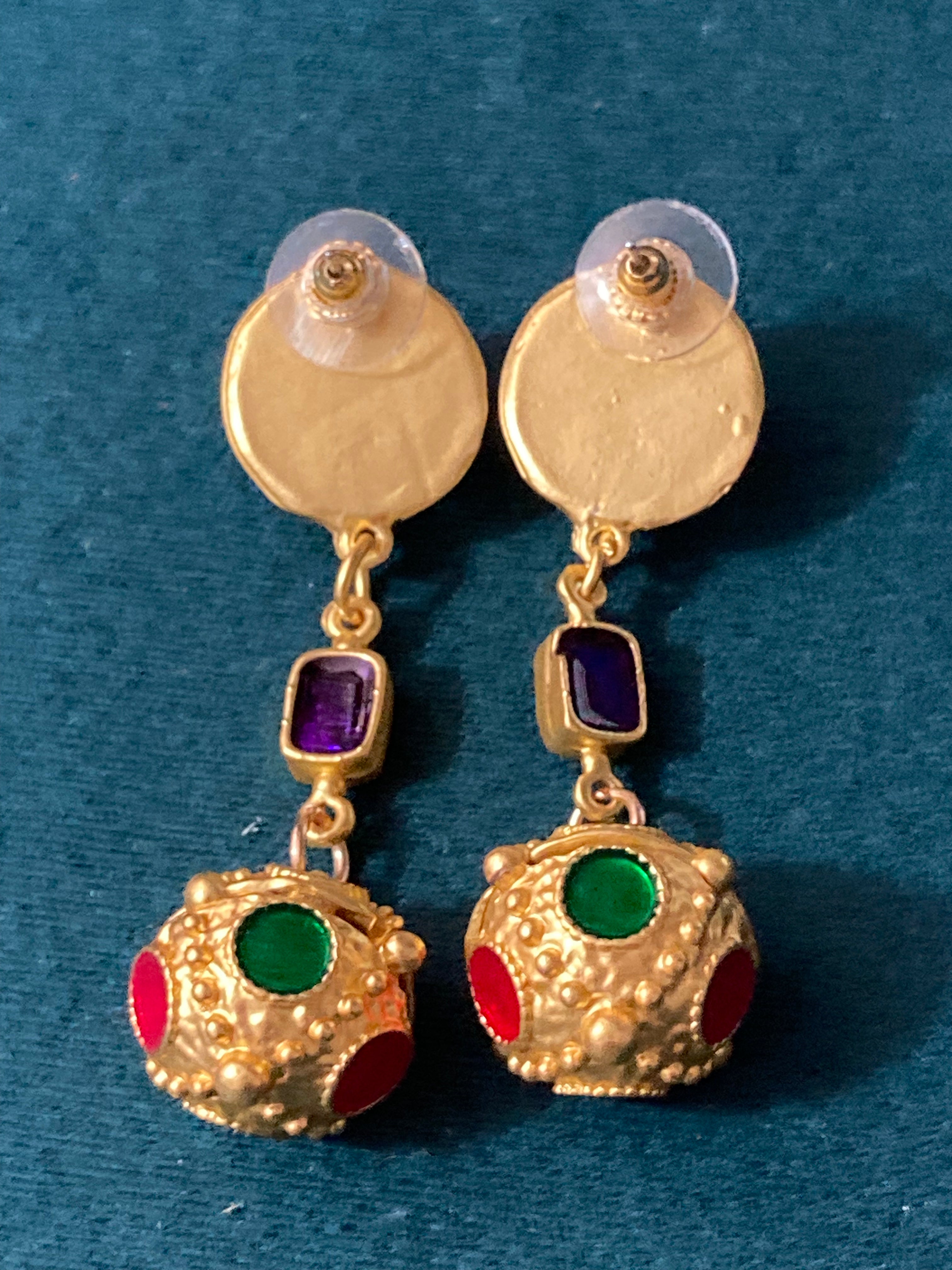 Gold orbs earrings gripoix style emerald ruby drops