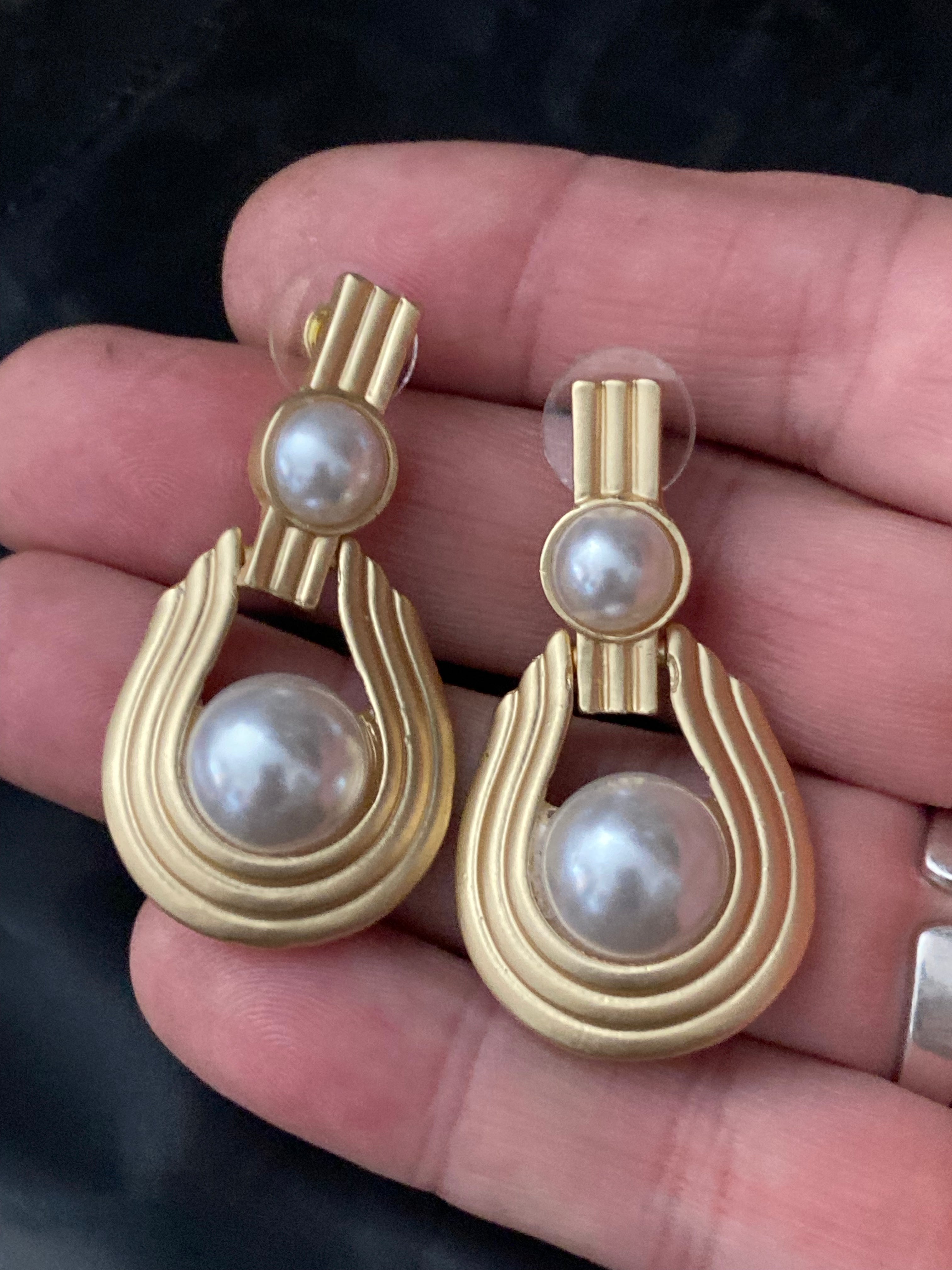 Modernist Etruscan pearl drop earrings gold tone