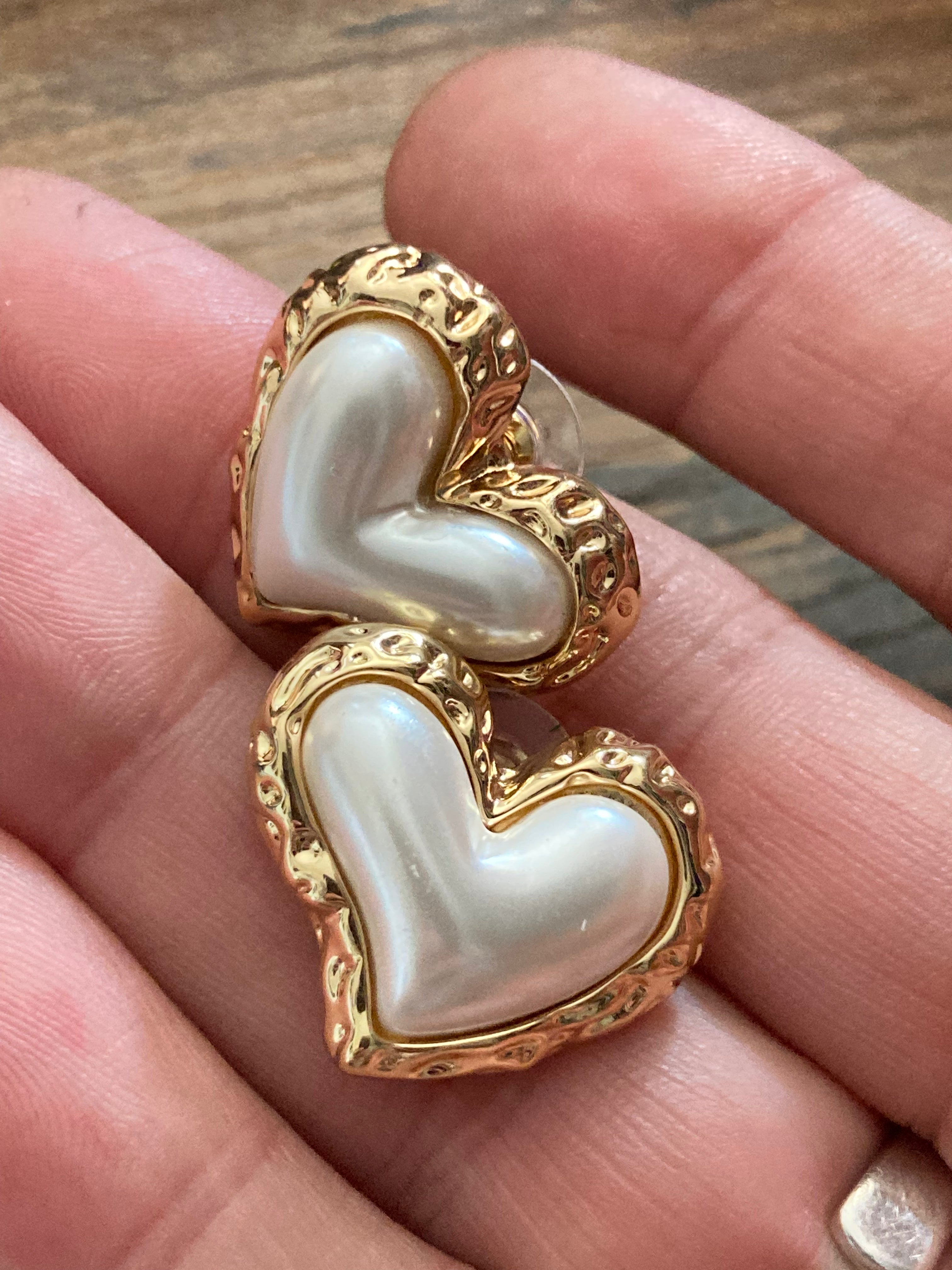 Pearl bubble love heart earrings gold tone