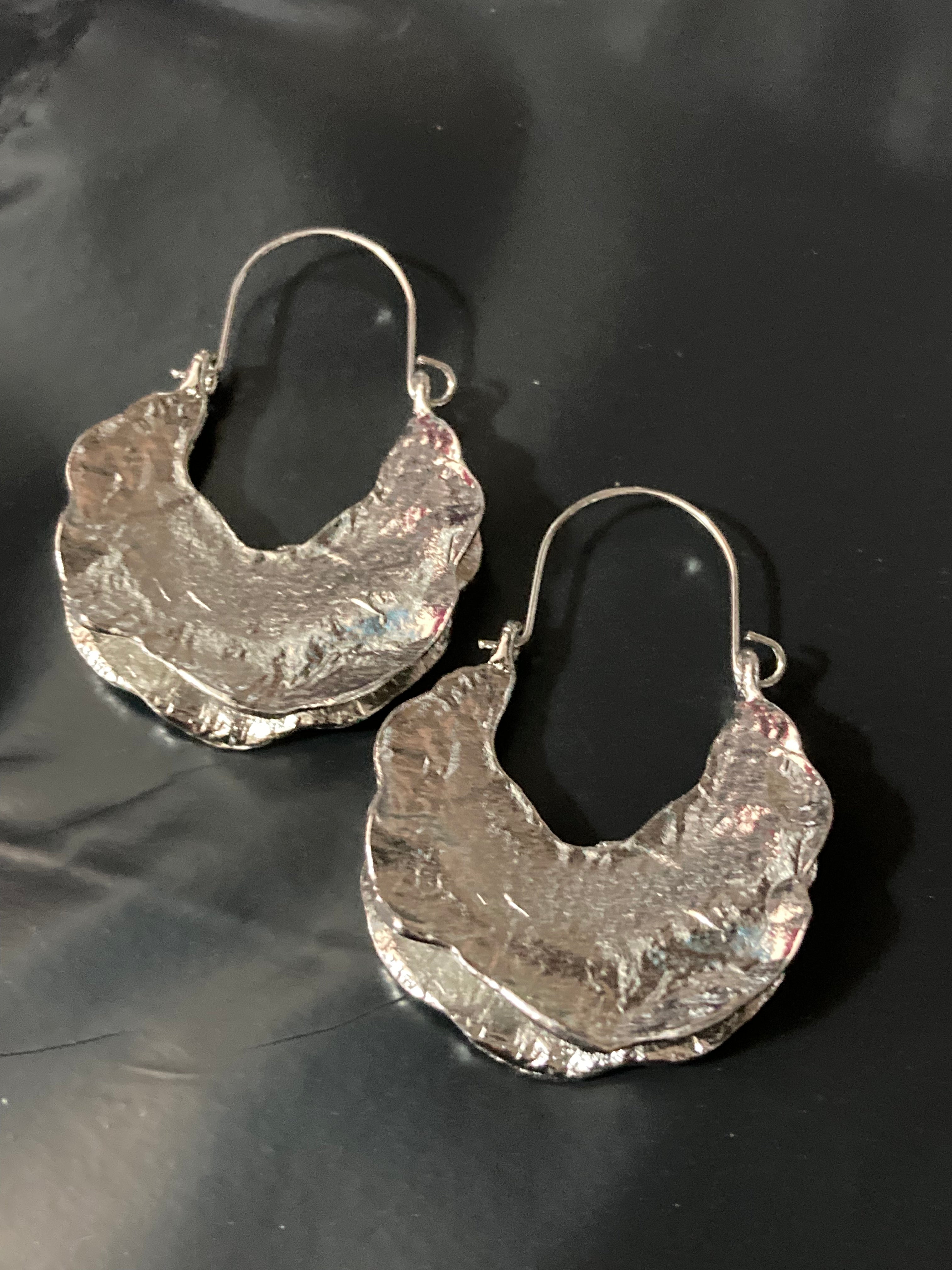 Silver Modernist beaten metal large creole hoop earrings