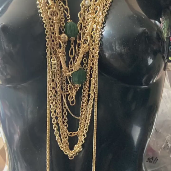 58cm long 1980s thick gold plated fancy link glass crystal bezel beaded station necklace