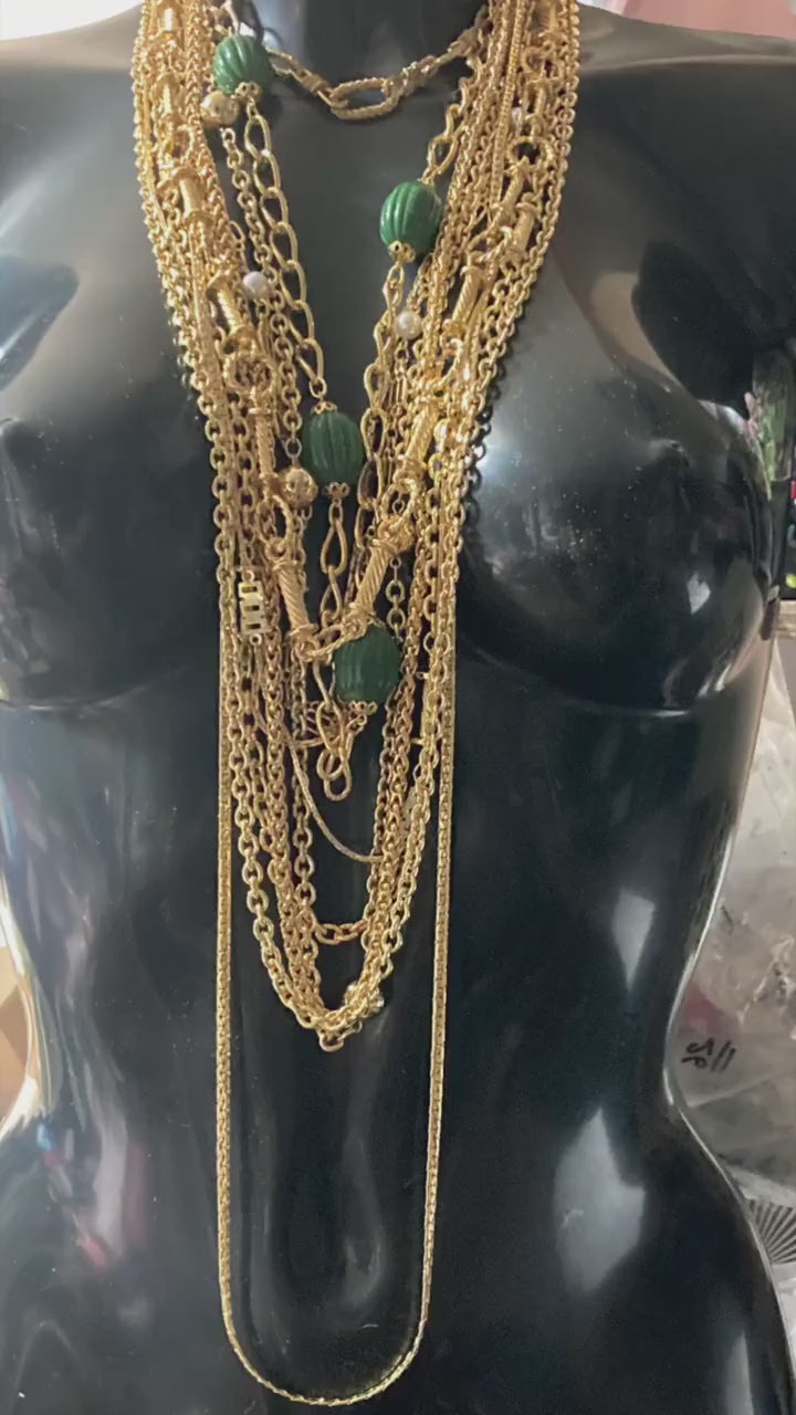 58cm long 1980s thick gold plated fancy link glass crystal bezel beaded station necklace