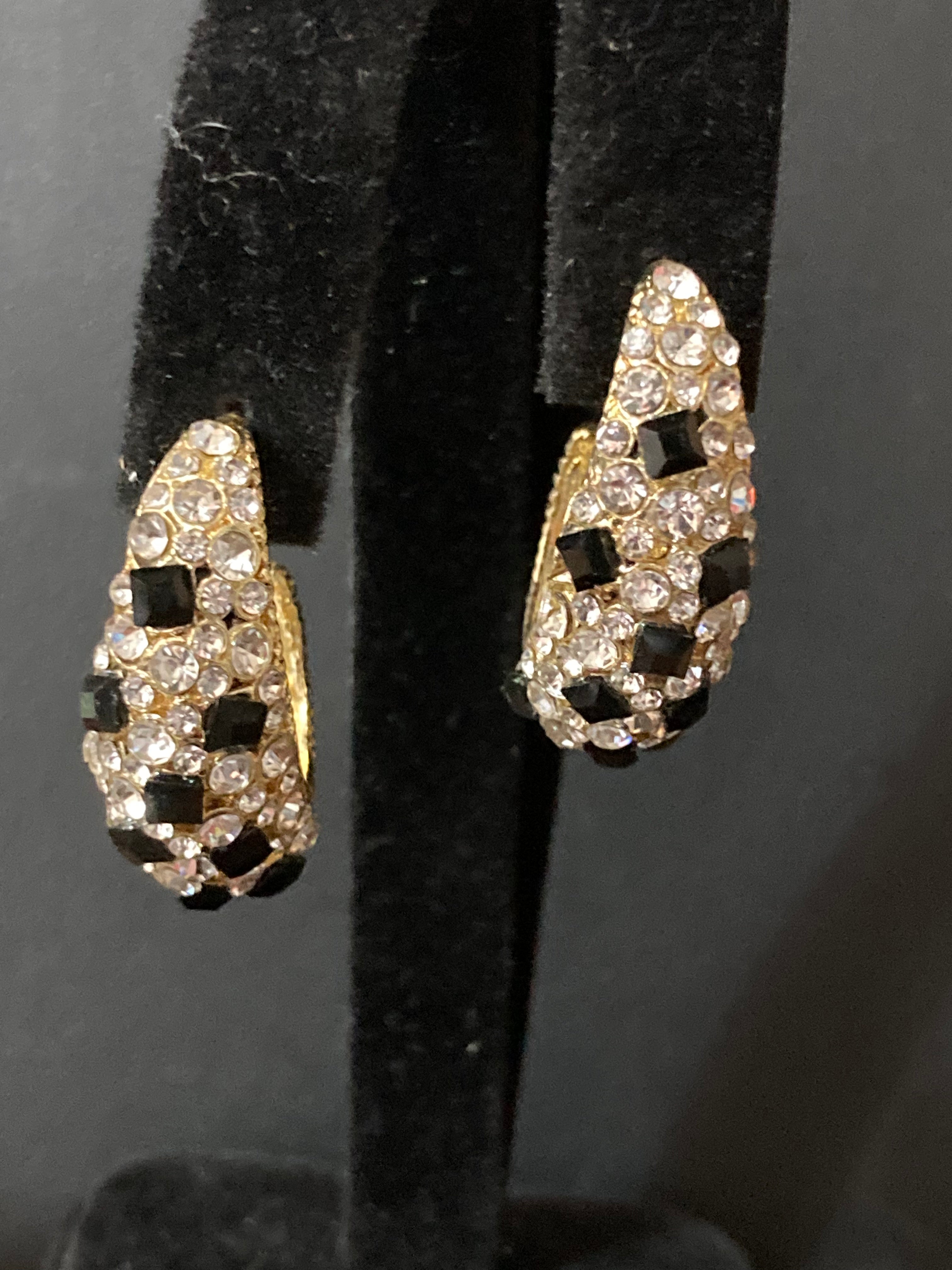 Black & clear diamanté Crystal gold half hoop earrings