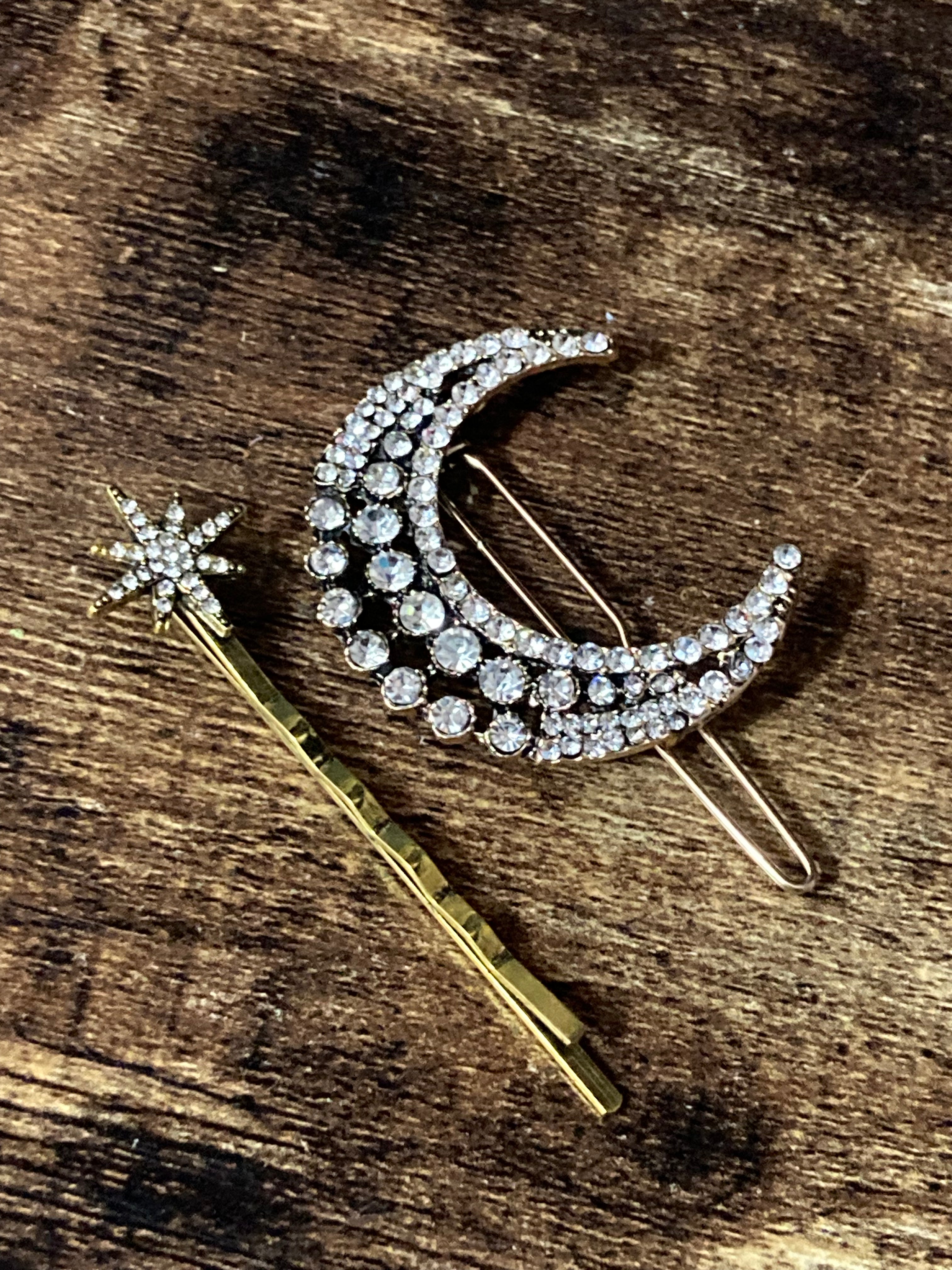 Diamanté Crescent moon and star pair of hair slides