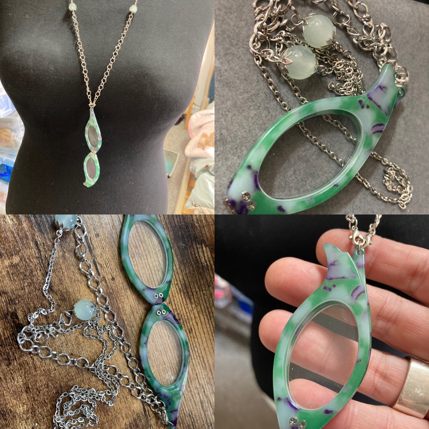 Folding green reading glasses on chain