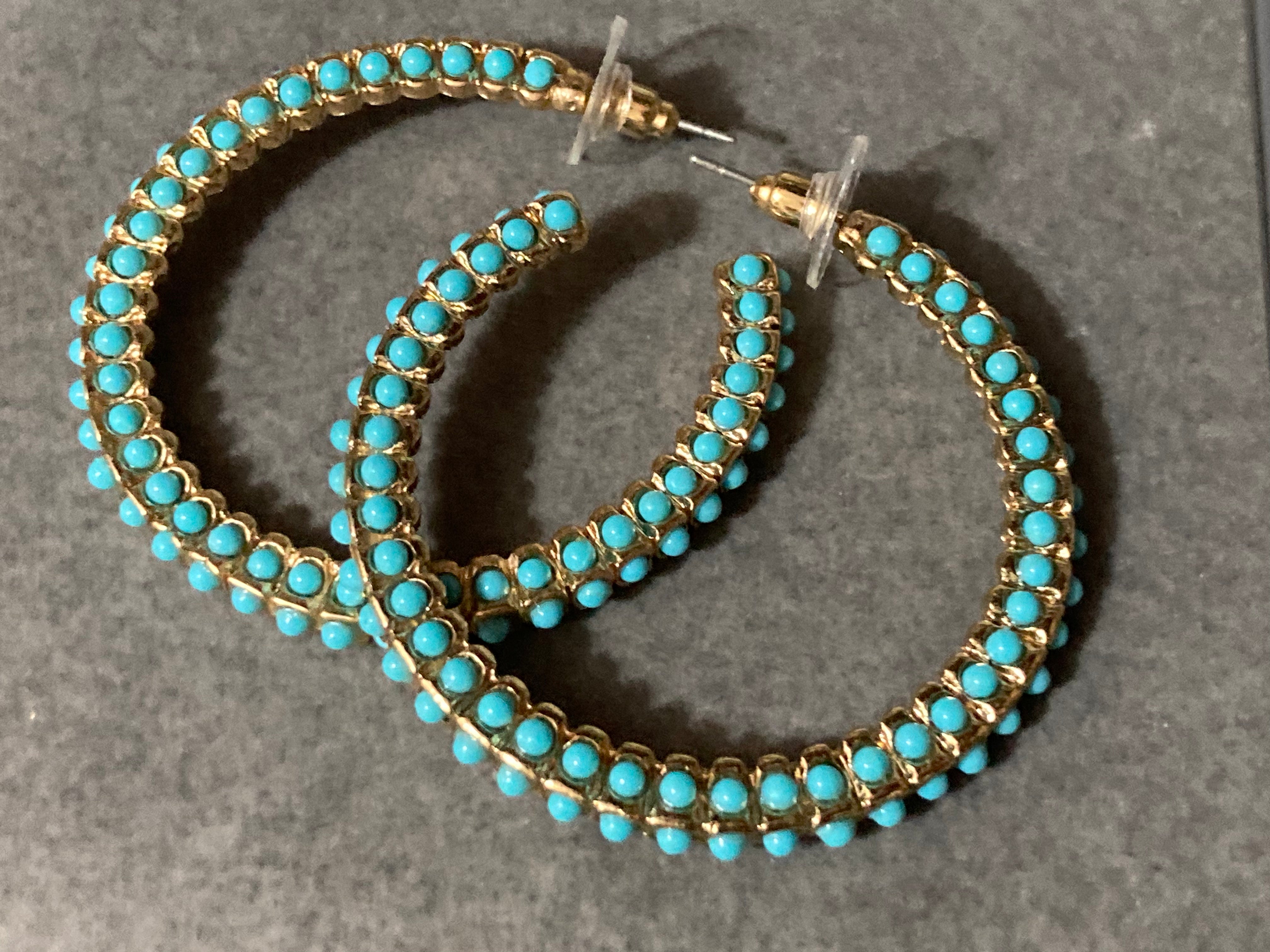 Large turquoise beaded gold hoop earrings